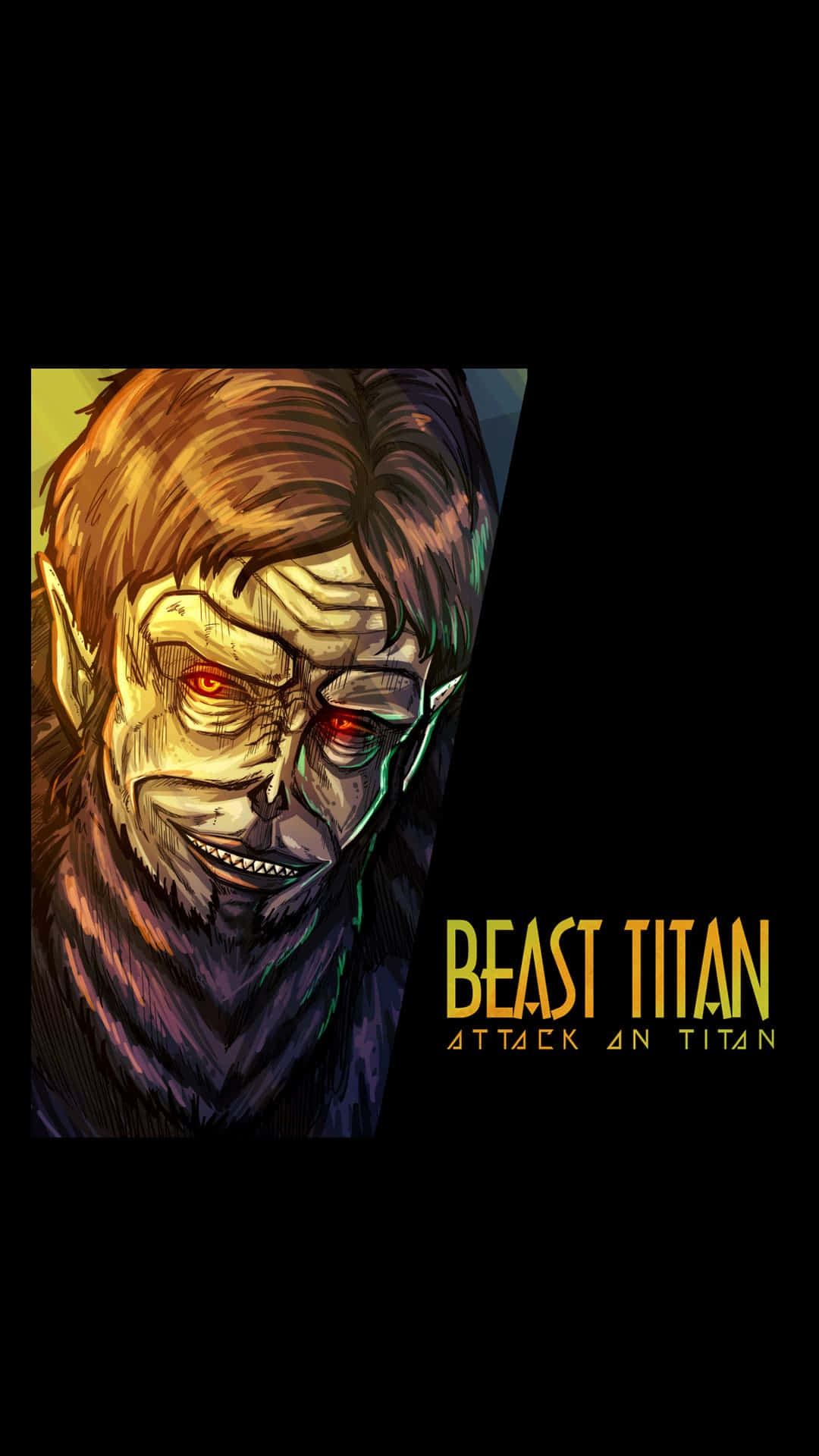 Beast Titan 桌布 壁紙 — 一個威脅性的獸之巨人，擁有發光的紅色眼睛和鋒利的牙齒，在黑暗背景下強烈凝視。