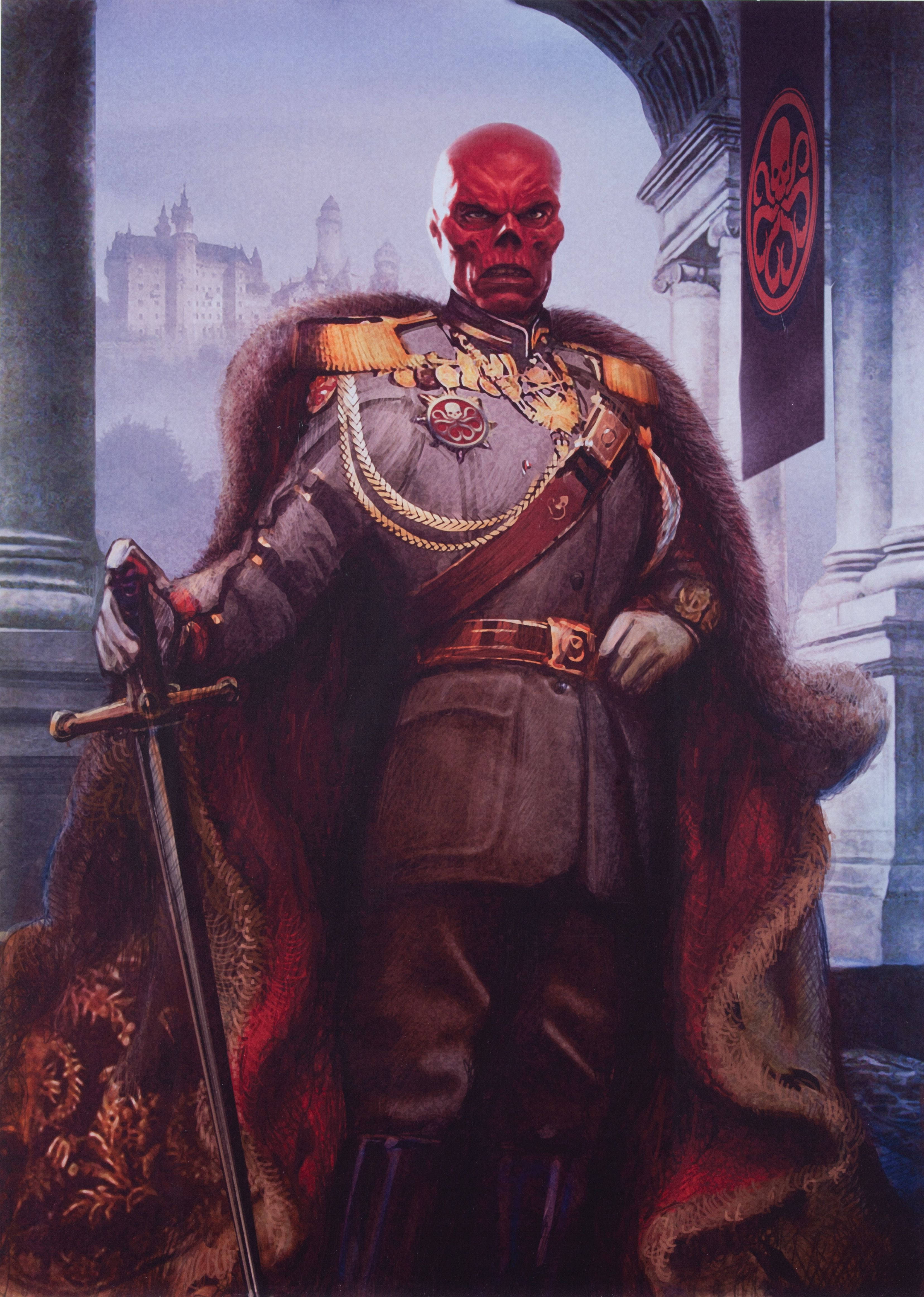 Red Skull 桌布 壁紙 — 一個威脅性的紅皮膚人物穿著華麗的軍服，威嚴地站在石拱門中，背景是霧氣瀰漫的城堡。