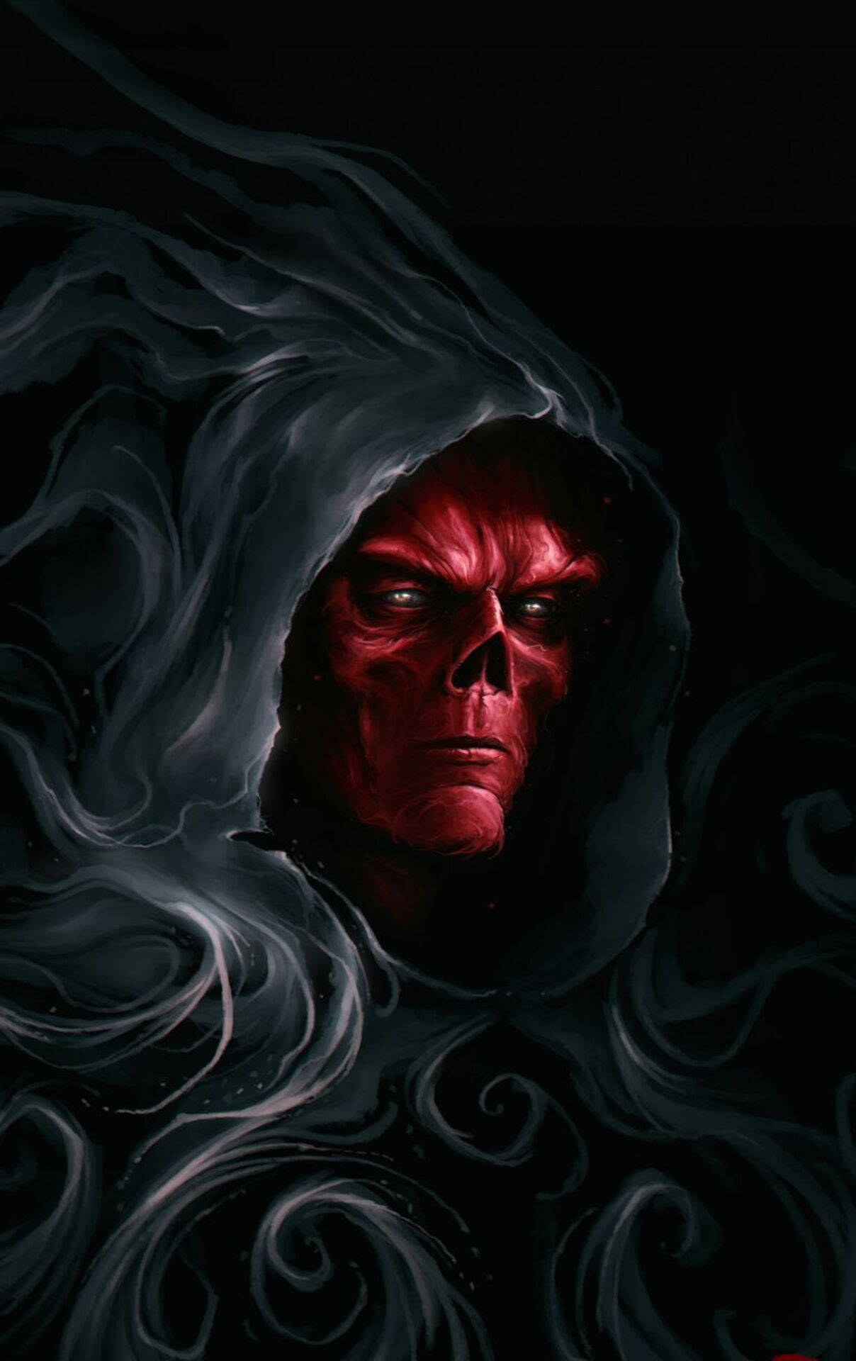 Villains 桌布 壁紙 — 一個威脅性的紅皮膚惡魔，眼睛發光，從旋轉的黑暗煙霧中出現，背景是黑色虛空。