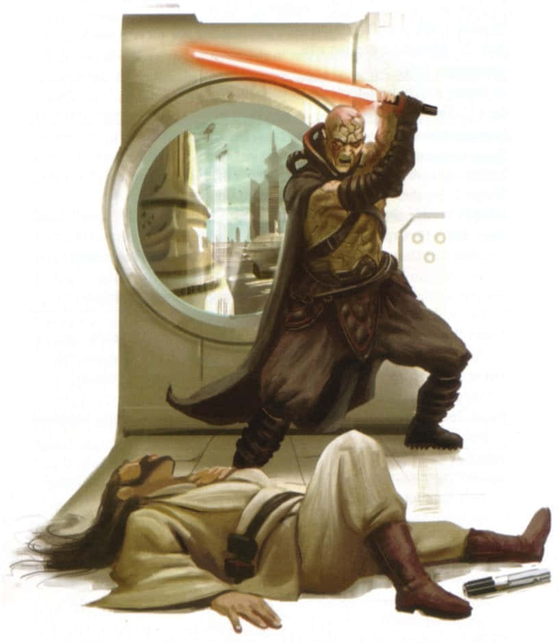 The Great Jedi Purge 桌布 壁紙 — 一個威脅性的紅色光劍戰士站在一個墮落的絕地武士之上，在一個未來風格的房間裡，通過圓形窗戶可以看到城市景觀。