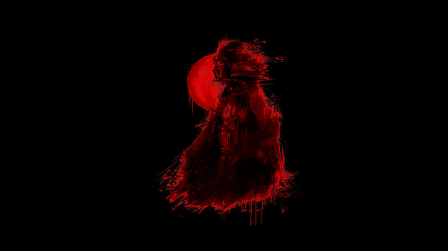 1366x768 Amoled 桌布 壁紙 — 一個威脅性的紅色黑武士剪影，站在黑色虛空中，背後有一輪發光的紅月亮。