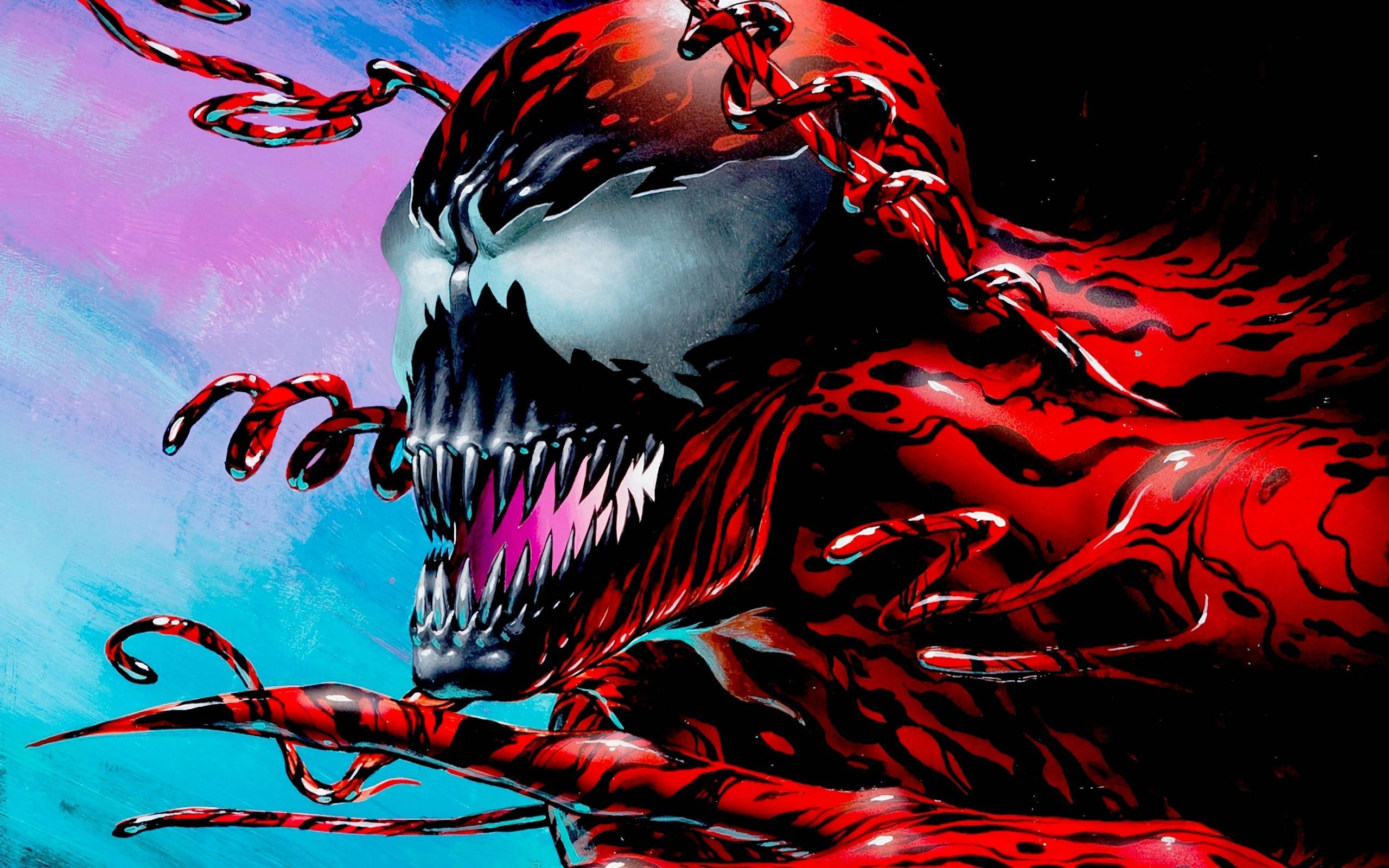 carnage 4K 桌布 壁紙 — 一個威脅性的紅黑共生體生物，擁有鋒利的牙齒和扭動的觸手，背景是充滿活力的藍色和紫色天空。