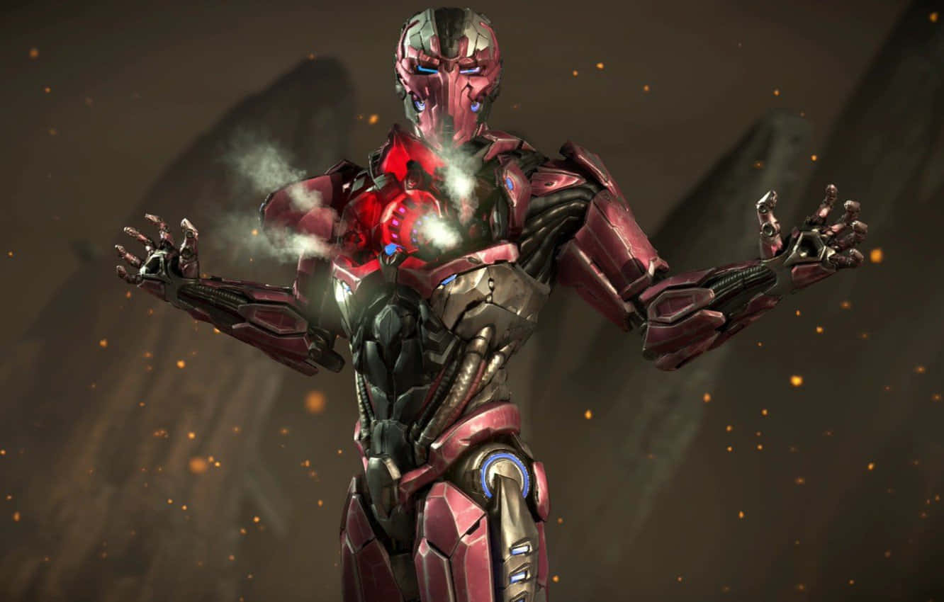 Mortal Kombat Triborg 桌布 壁紙 — 一個威脅性的紅黑裝甲機器人，藍色眼睛發光，胸口冒出蒸氣，雙臂張開，站在黑暗煙霧背景前。