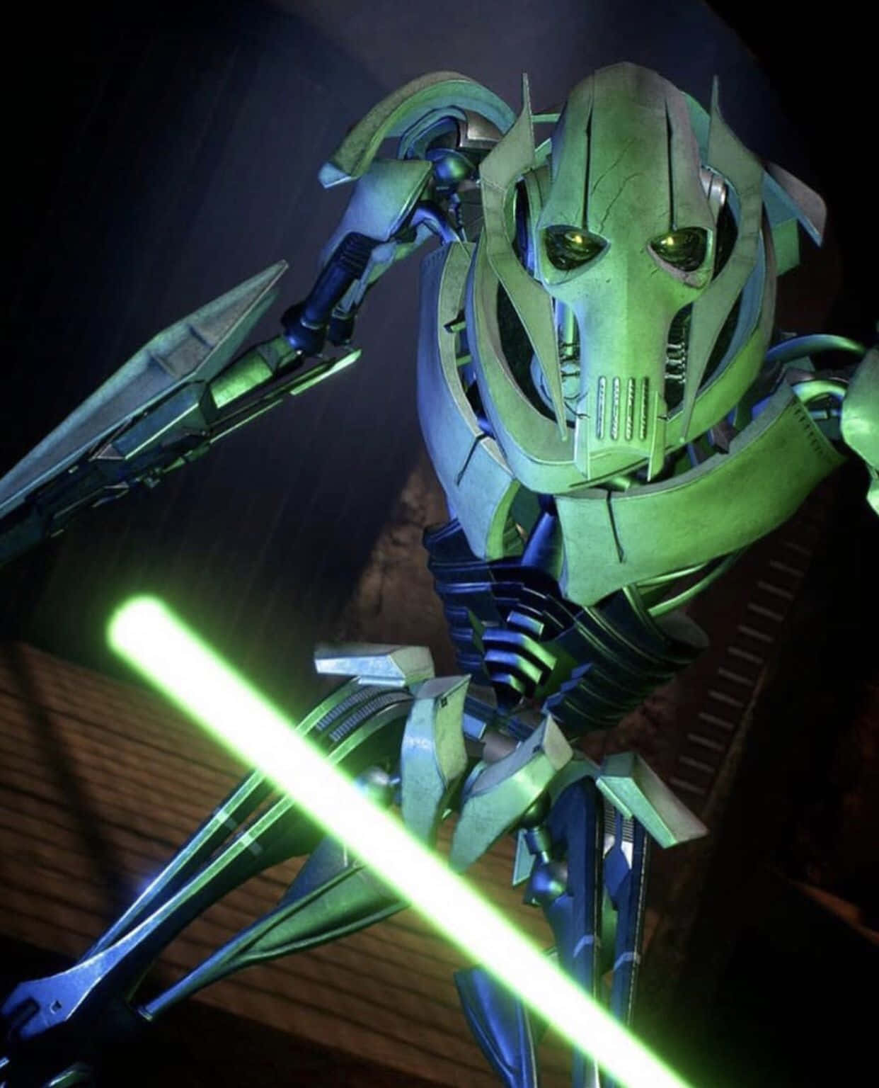 The Trade Federation 桌布 壁紙 — 一個威脅性的綠色戰鬥機器人在昏暗的環境中揮舞著發光的綠色光劍。