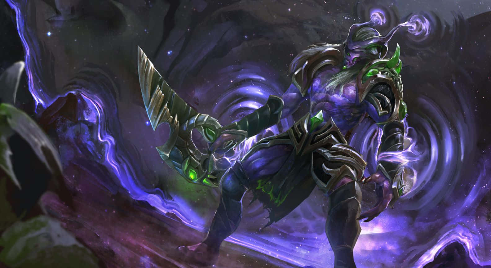 Faceless Void 桌布 壁紙 — 一個威脅性的綠色皮膚獸人戰士在星際虛空中揮舞著發光的斧頭，周圍環繞著旋轉的宇宙紫色能量。