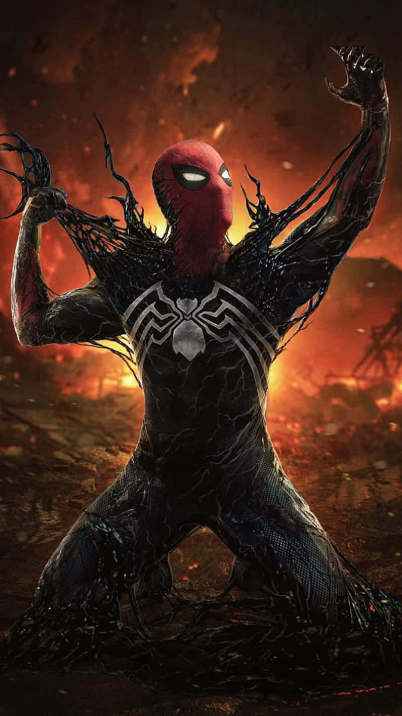 Venomized 桌布 壁紙 — 一個威脅性的蜘蛛人與猛毒融合，站在火熱的末日景觀中，雙臂高舉。