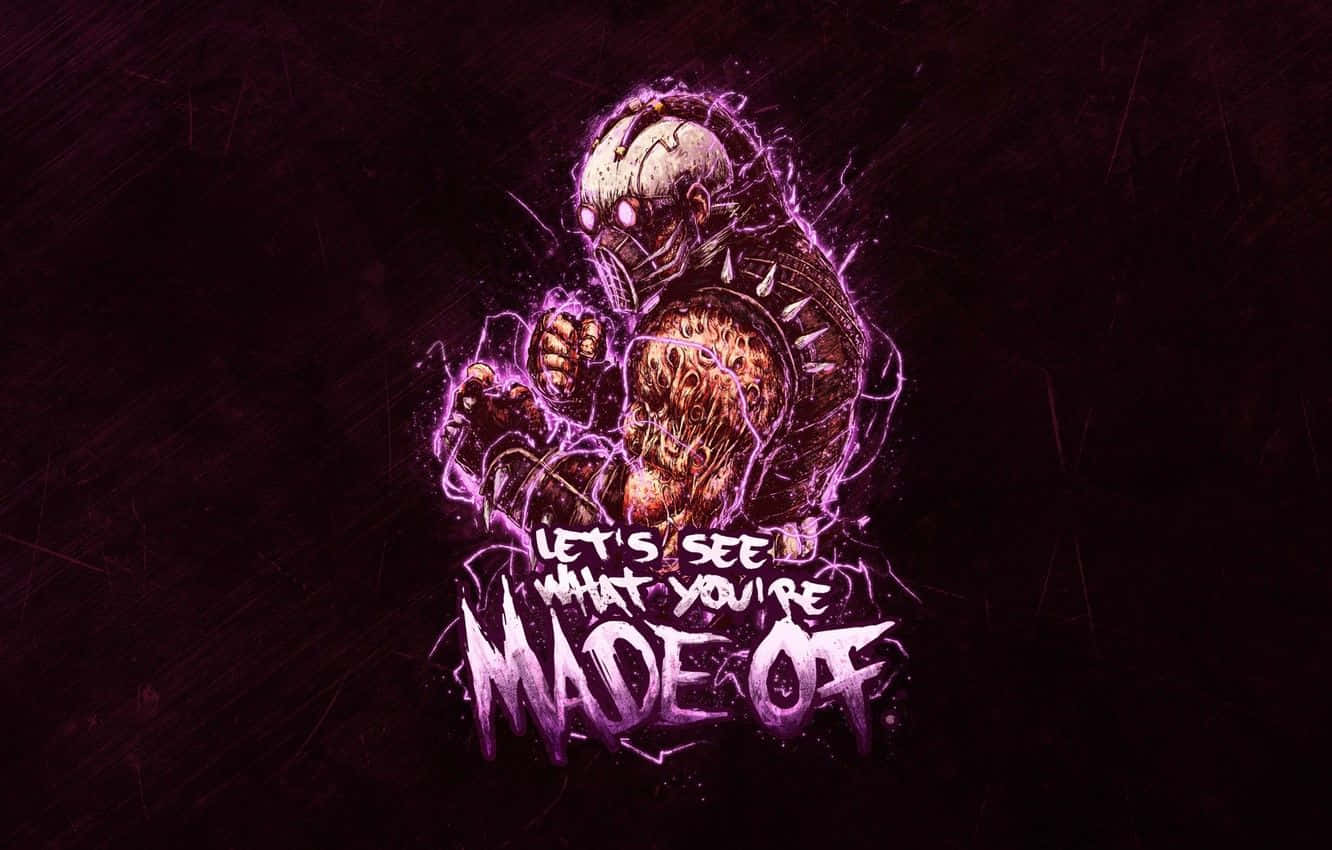 Mortal Kombat Kabal 桌布 壁紙 — 一個威脅性的裝甲人物，眼睛發光，拳頭周圍有紫色能量噼啪作響，背景為深色紋理。