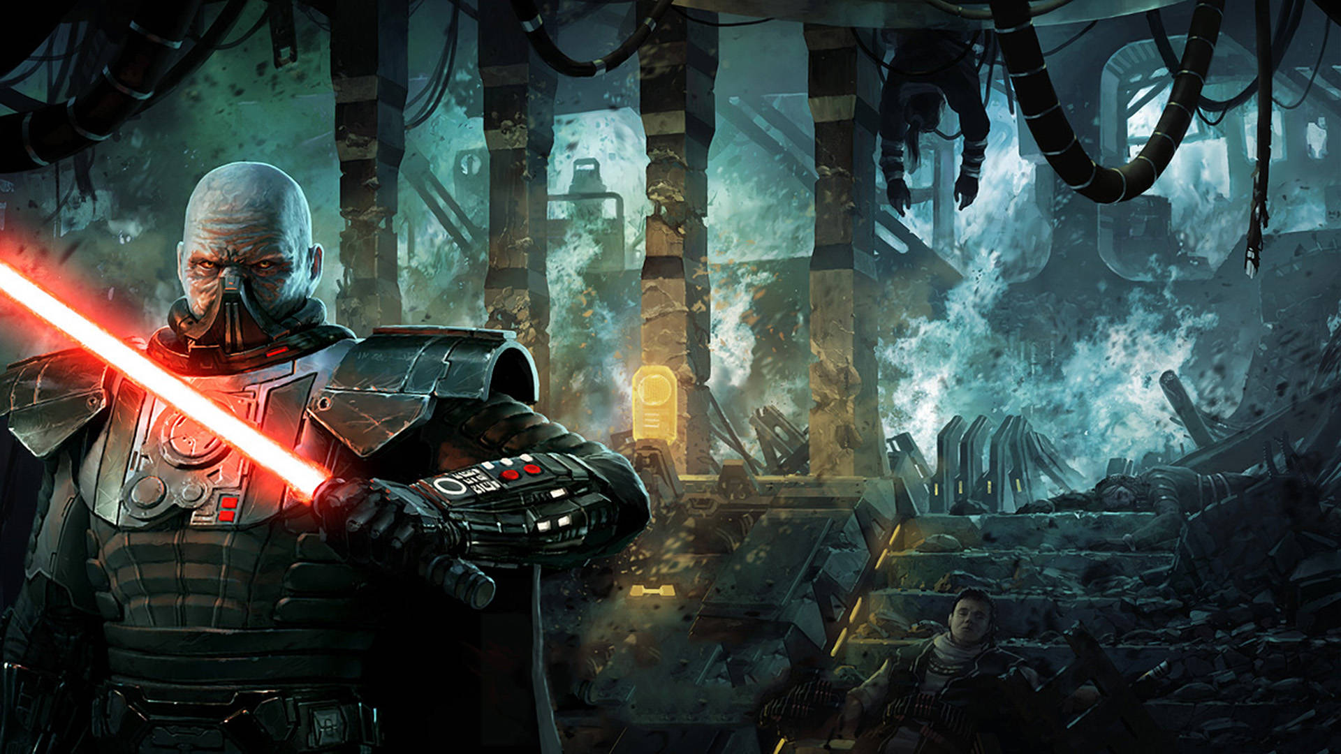 Swtor 桌布 壁紙 — 一個威脅性的裝甲戰士在一個毀壞、煙霧瀰漫的工業設施中揮舞著發光的紅色光劍。