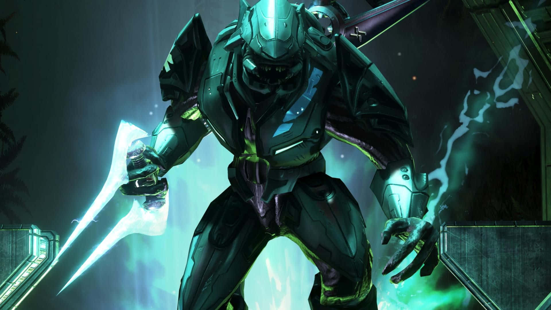 Halo Arbiter 桌布 壁紙 — 一個威脅性的裝甲戰士在黑暗的科幻環境中揮舞著發光的能量劍，帶有電光綠色的照明。