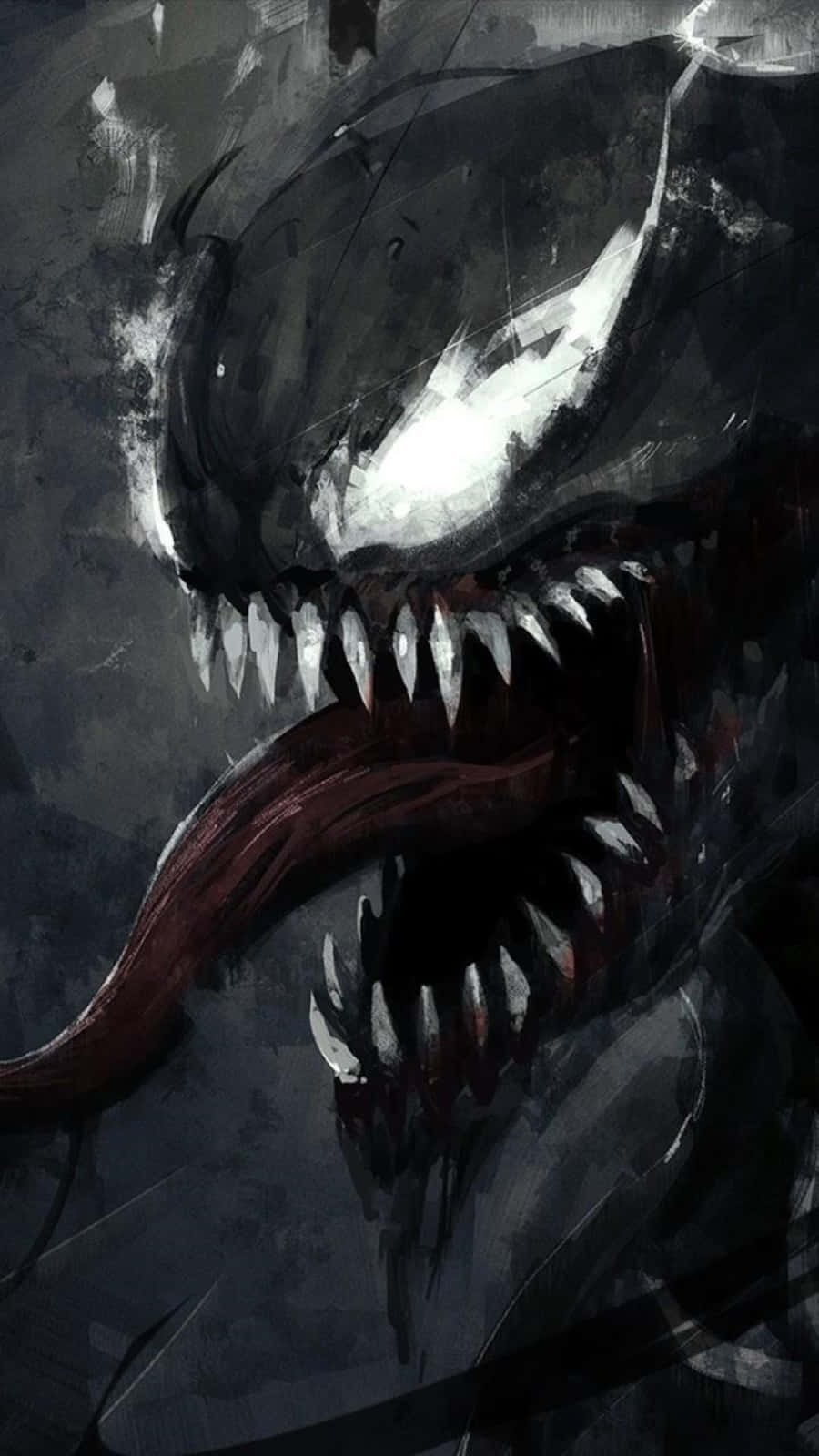 Anti-hero 桌布 壁紙 — 一個威脅性的近距離特寫，展示猛毒（Venom）在深色紋理背景上，擁有發光的白色眼睛和鋒利的牙齒。