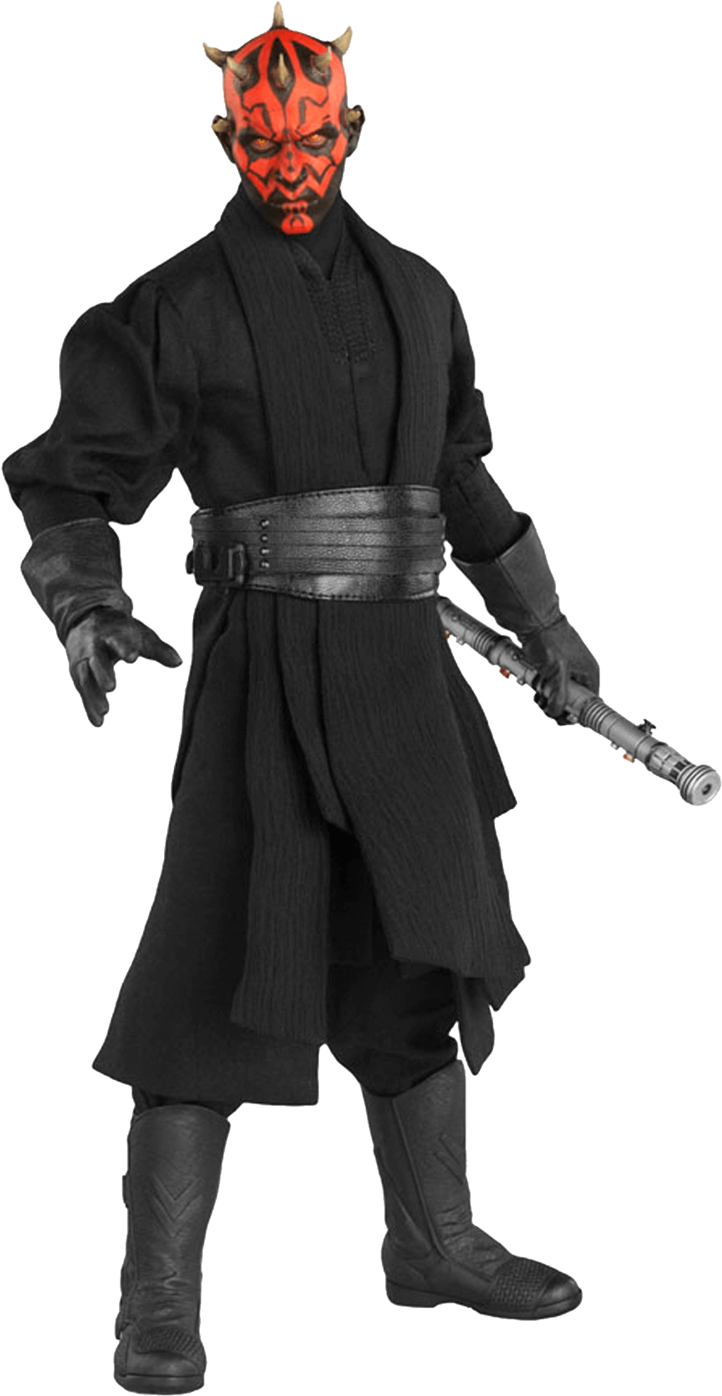 Star Wars Characters 桌布 壁紙 — 一個威脅性的達斯摩爾穿著全黑西斯服裝，手持雙刃光劍，背景是純黑色。