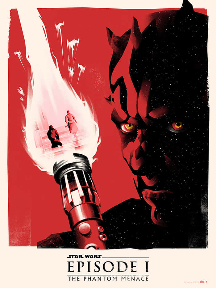 The Phantom Menace 桌布 壁紙 — 一個威脅性的達斯魔巨大地聳立，發光的黃色眼睛，他的雙刃光劍爆發出白色火焰，吞沒了下方兩個小人影，背景是鮮明的紅色。