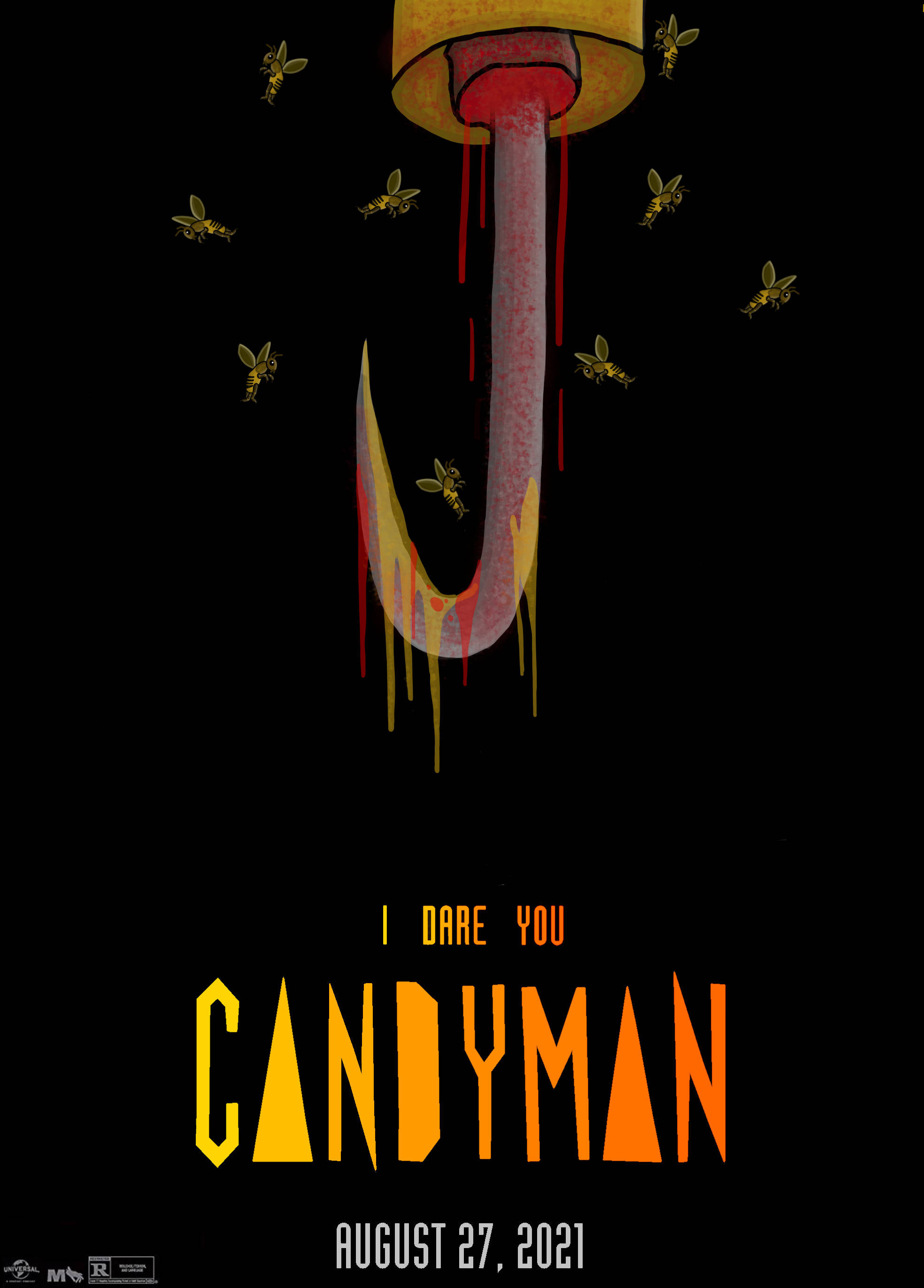 Candyman 桌布 壁紙 — 一個威脅性的鉤子在黑色背景上滴下紅色和黃色的液體，伴隨著嗡嗡作響的蜜蜂和粗體的電影標題文字。