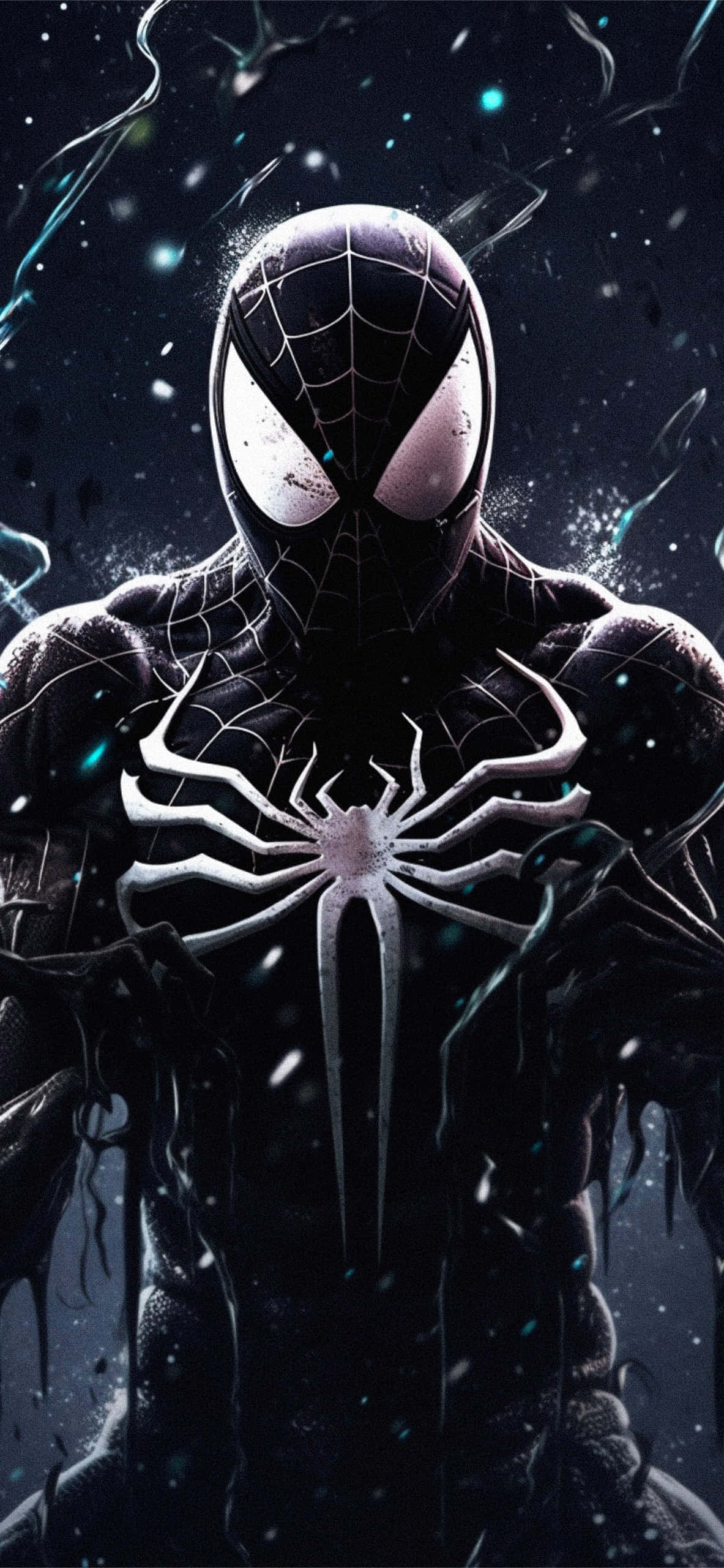 Symbiote 桌布 壁紙 — 一個威脅性的黑色共生體蜘蛛人站在黑暗的宇宙虛空中，發光的粒子圍繞著他裝甲形態旋轉。