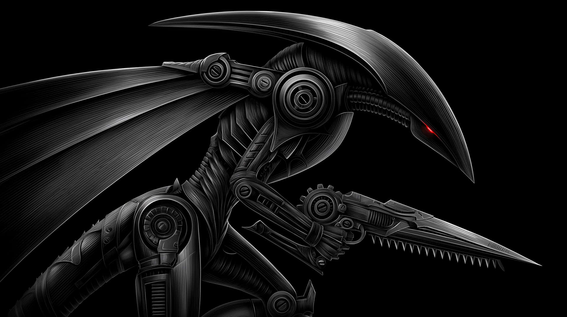 Sleek Robotic Assassin with Red Eye and Blade Arm 壁紙 — 一個威脅性的黑色生物機械龍，擁有發光的紅色眼睛和鋸齒狀爪子，背景為黑暗。