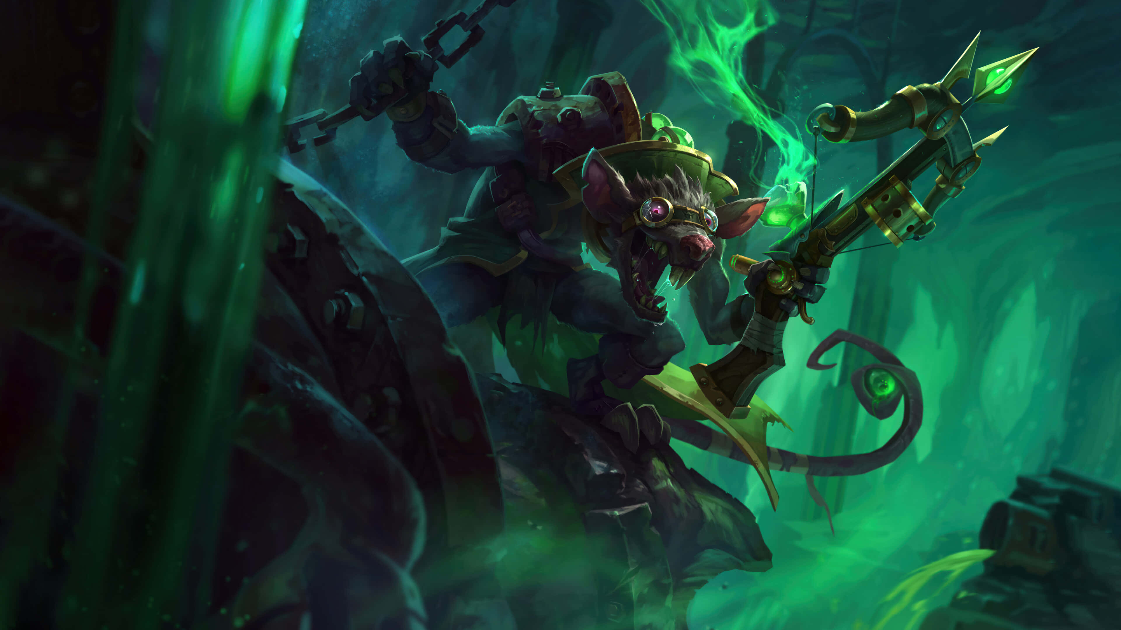 League Of Legends Champions 桌布 壁紙 — 一個威脅性的鼠狀戰士，擁有發光的綠色眼睛，在黑暗、陰森的綠色洞穴中揮舞著帶刺的武器。