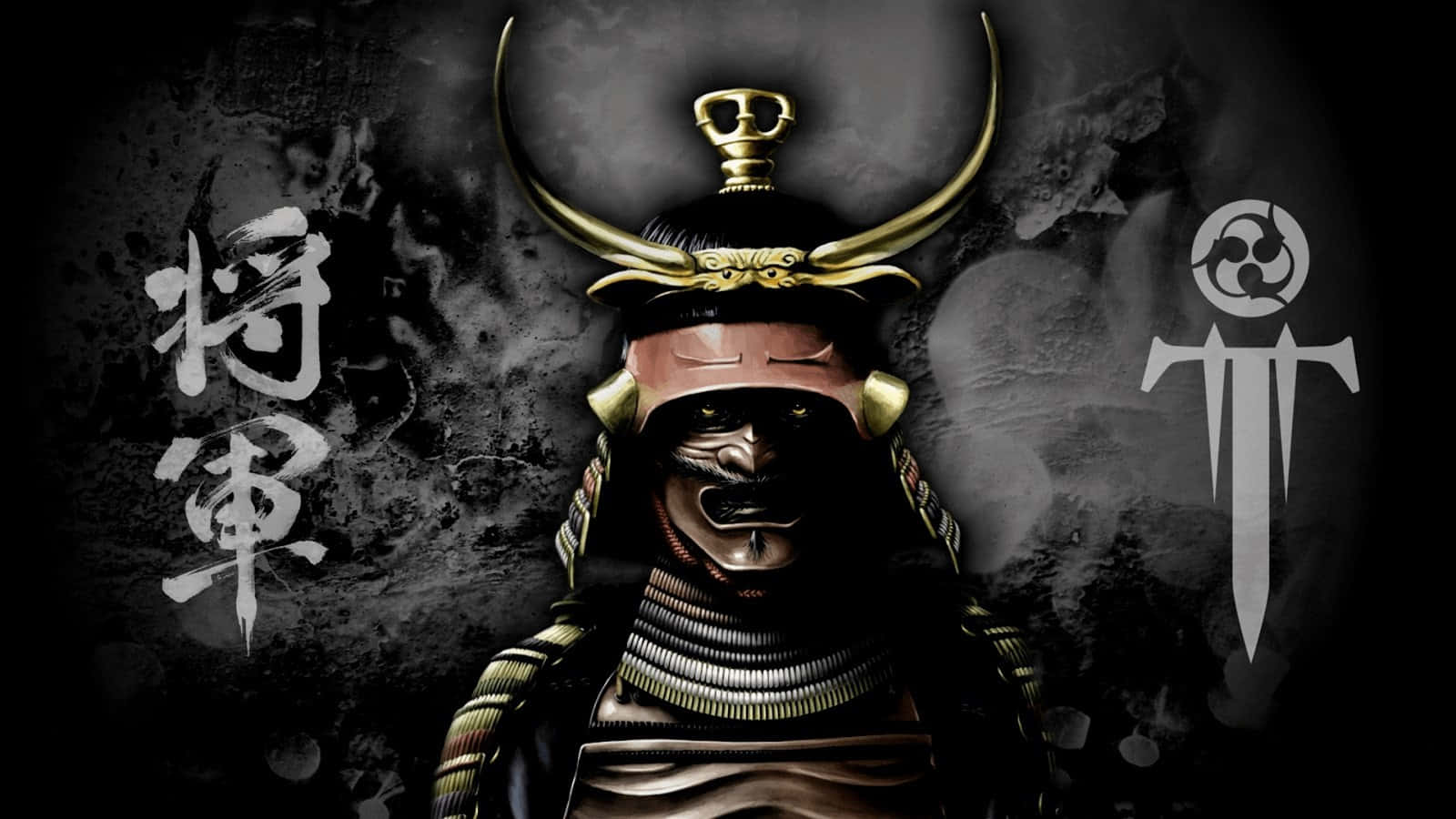 Shogun 桌布 壁紙 — 一個威風凜凜的武士，戴著華麗的金色頭盔和盔甲，站在黑暗煙霧繚繞的背景前，背景有漢字和劍的標誌。