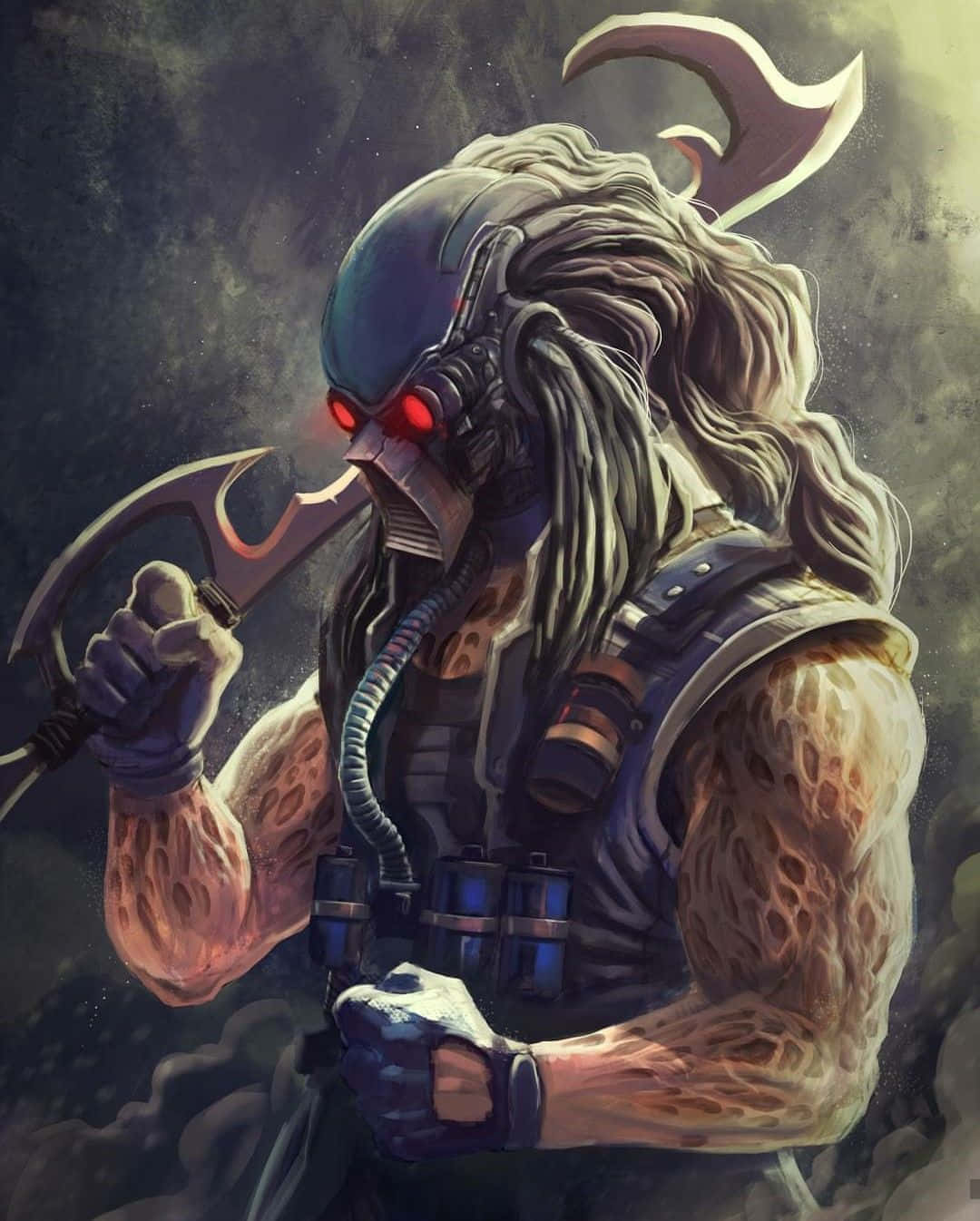 Mortal Kombat Kabal 桌布 壁紙 — 一個威風凜凜的裝甲戰士，擁有發光的紅色眼睛和長髮，在煙霧瀰漫的黑暗背景下揮舞著彎曲的刀刃。