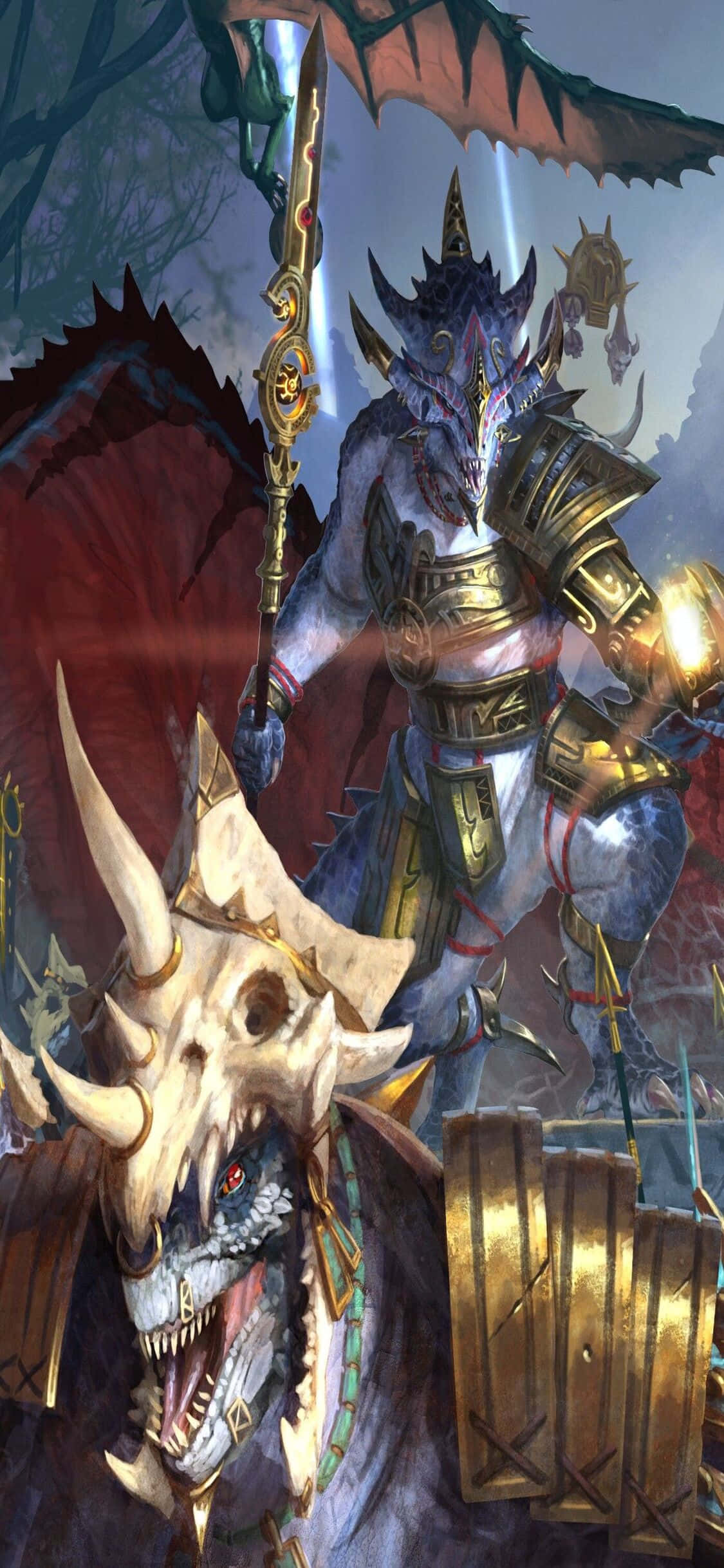 iPhone X Total War Warhammer 桌布 壁紙 — 一個威風凜凜的裝甲龍騎士騎著一匹骷髏戰馬，在黑暗的森林樹冠下，擁有發光的眼睛和華麗的武器。