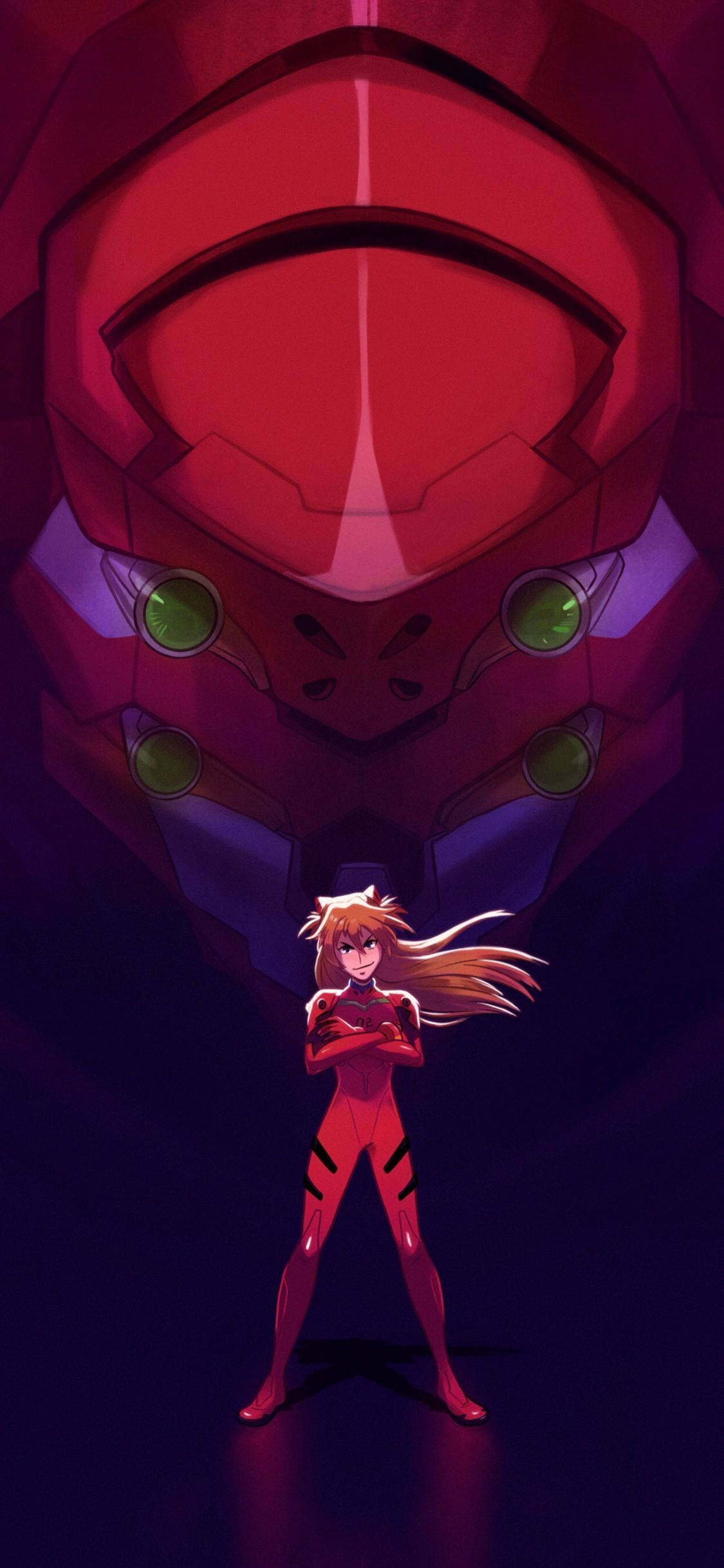 Evangelion Phone 桌布 壁紙 — 一個嬌小的動漫女孩身穿紅色衣服，挑釁地站在一個擁有發光綠色眼睛的高聳紅色機甲面前。