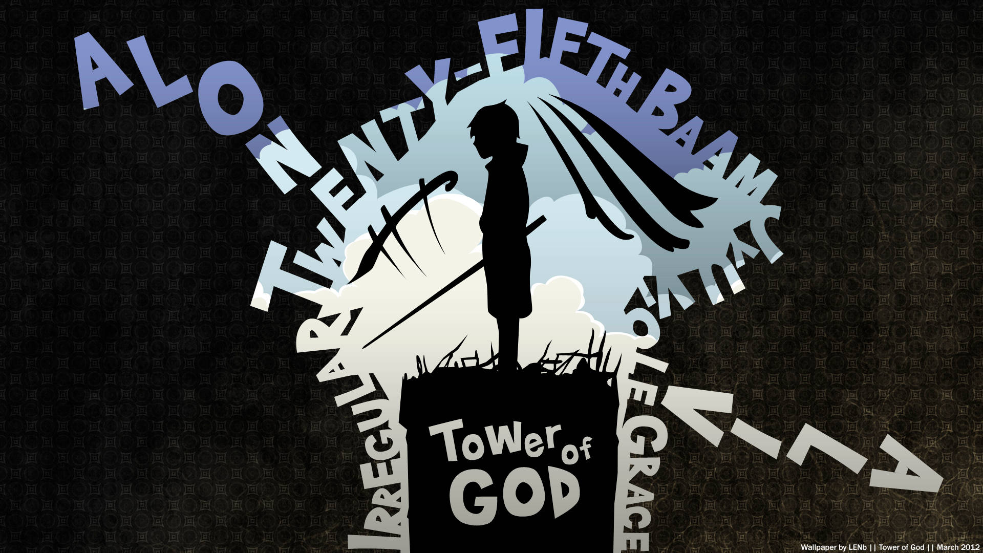神之塔 桌布 壁紙 — 一個孤獨人物的剪影，手持劍和披風，站在標有「Tower of God」的塔頂，背景為深色紋理，帶有風格化文字。