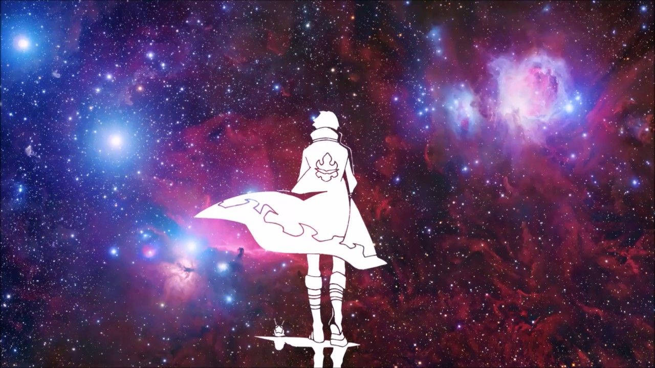 Gurren Lagann 桌布 壁紙 — 一個孤獨人物的白色剪影，披著飄逸的斗篷，站在浮動平台上，背景是充滿星星的鮮豔宇宙星雲。