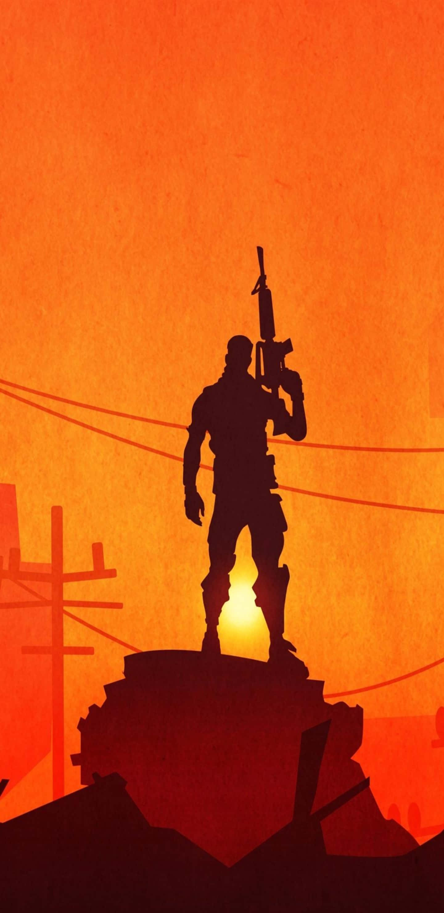 Fortnite 桌布 壁紙 — 一個孤獨士兵的剪影站在廢墟結構上，手持步槍，背景是火紅的橙色日落天空。