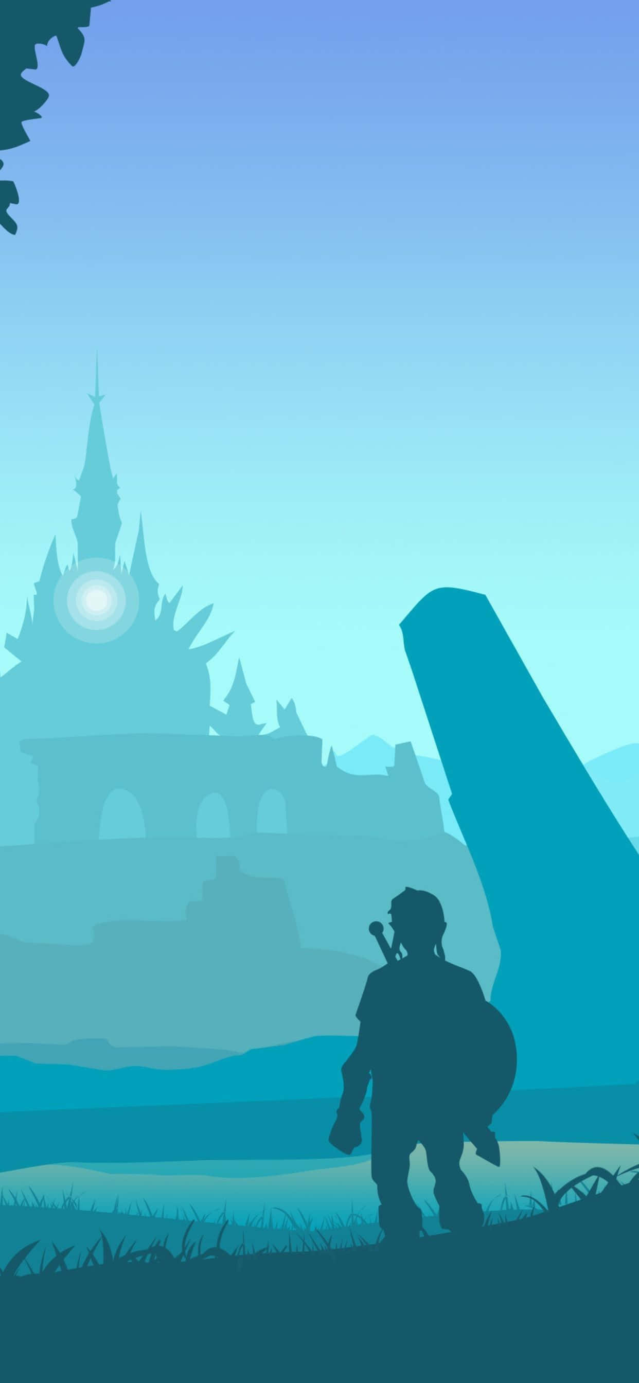 Botw 桌布 壁紙 — 一個孤獨戰士的剪影，站在發光月亮下、遙遠城堡前，寧靜的藍綠色風景中。