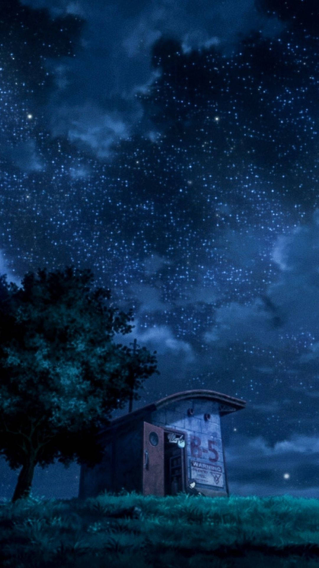 暗黑動漫風格GIF 桌布 壁紙 — 一個孤獨生鏽的巴士站，在星空夜空下，有發光的雲朵和一棵孤獨的樹在旁邊。