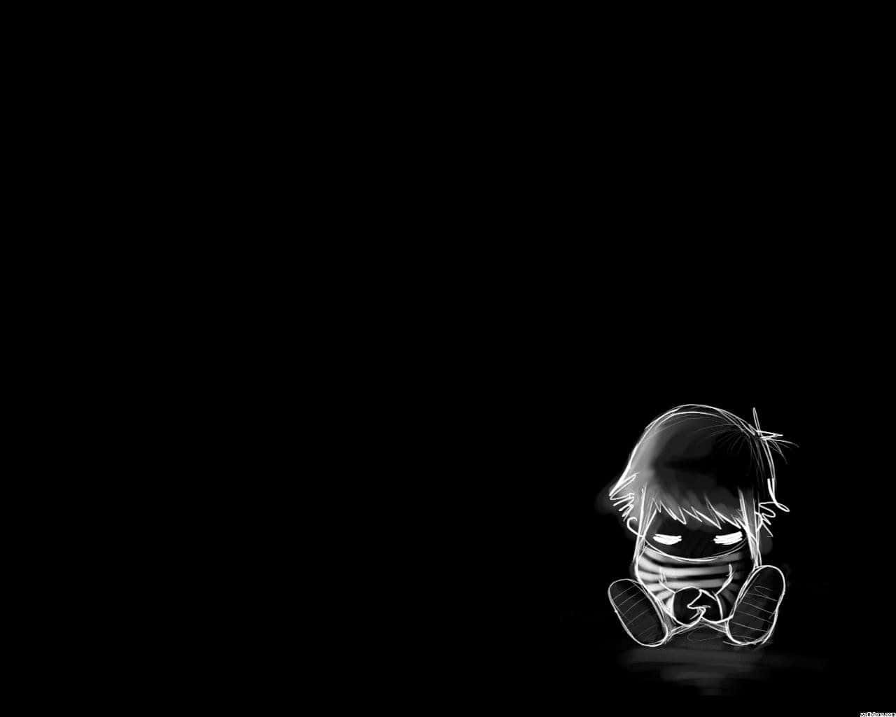 Black Sad 桌布 壁紙 — 一個孤獨發光的動漫角色獨自坐在黑暗中，帶有鮮明的白色輪廓和發光的眼睛。