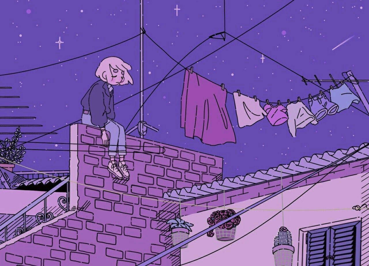 動漫女孩 桌布 壁紙 — 一個孤獨的人坐在屋頂上，頭頂是繁星點點的紫色天空，附近晾衣繩上掛著衣物。