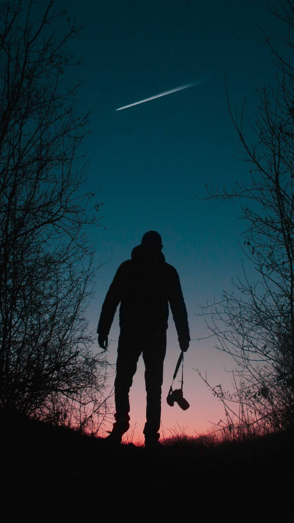 Silhouette 桌布 壁紙 — 一個孤獨的人影拿著相機站在山丘上，在黃昏時分，被光禿禿的樹木框住，天空劃過一道流星。