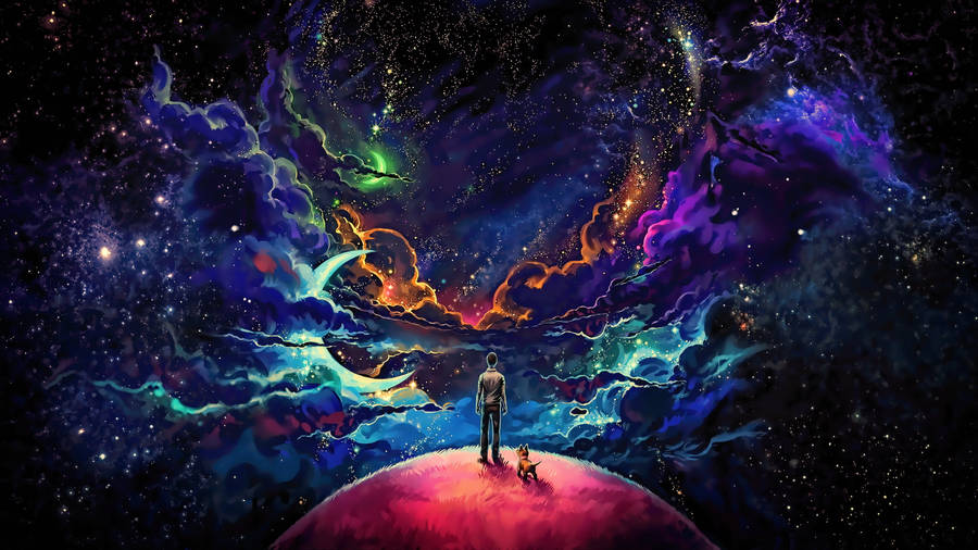 桌布 壁紙 — 一個孤獨的人物和一隻小狗站在發光行星的邊緣，凝視著由電光藍、紫和火熱橙組成的旋轉宇宙星雲。