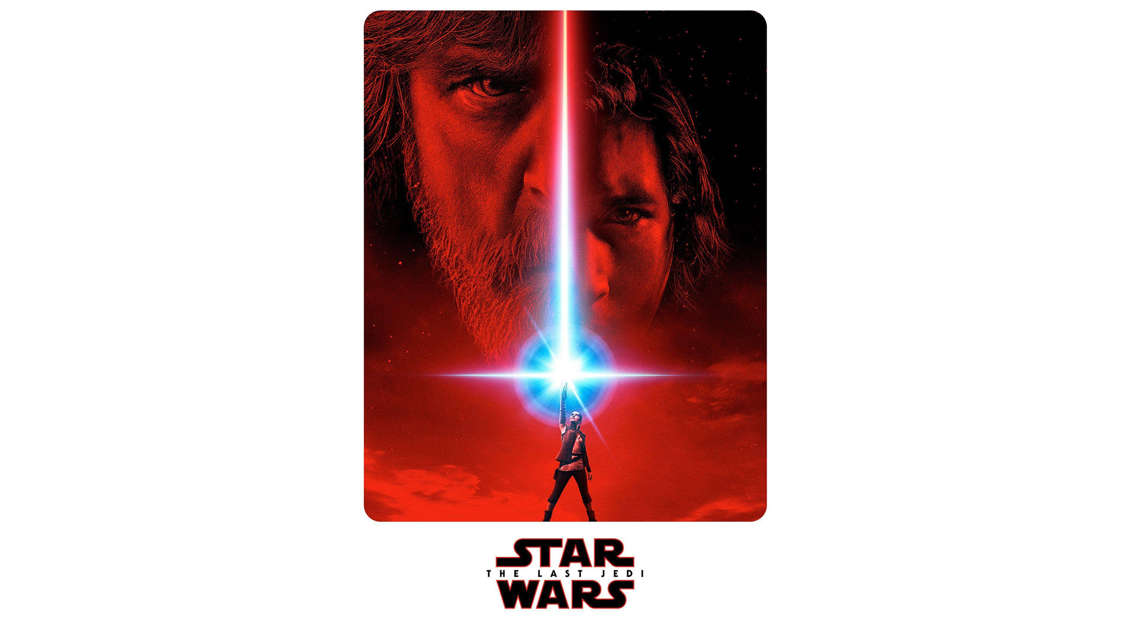 The Last Jedi Star Wars 桌布 壁紙 — 一個孤獨的人物在宇宙紅色背景下，於兩個紅色面孔之間握著一把藍色光劍。