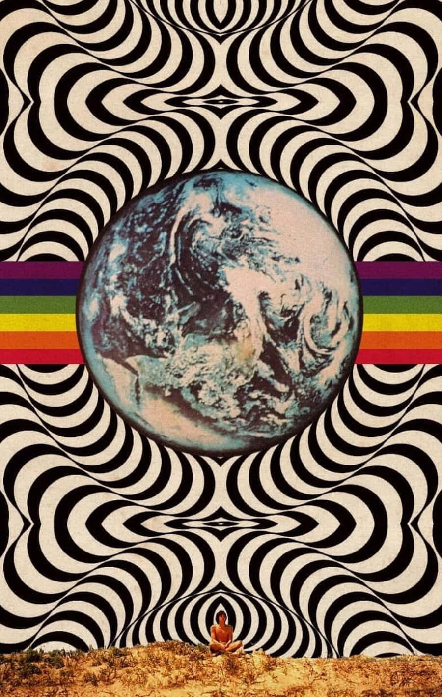 Psychedelic 70s Aesthetic 桌布 壁紙 — 一個孤獨的人物在山丘上冥想，背景是迷幻的黑白漩渦圖案，中央有地球儀和彩虹條紋。