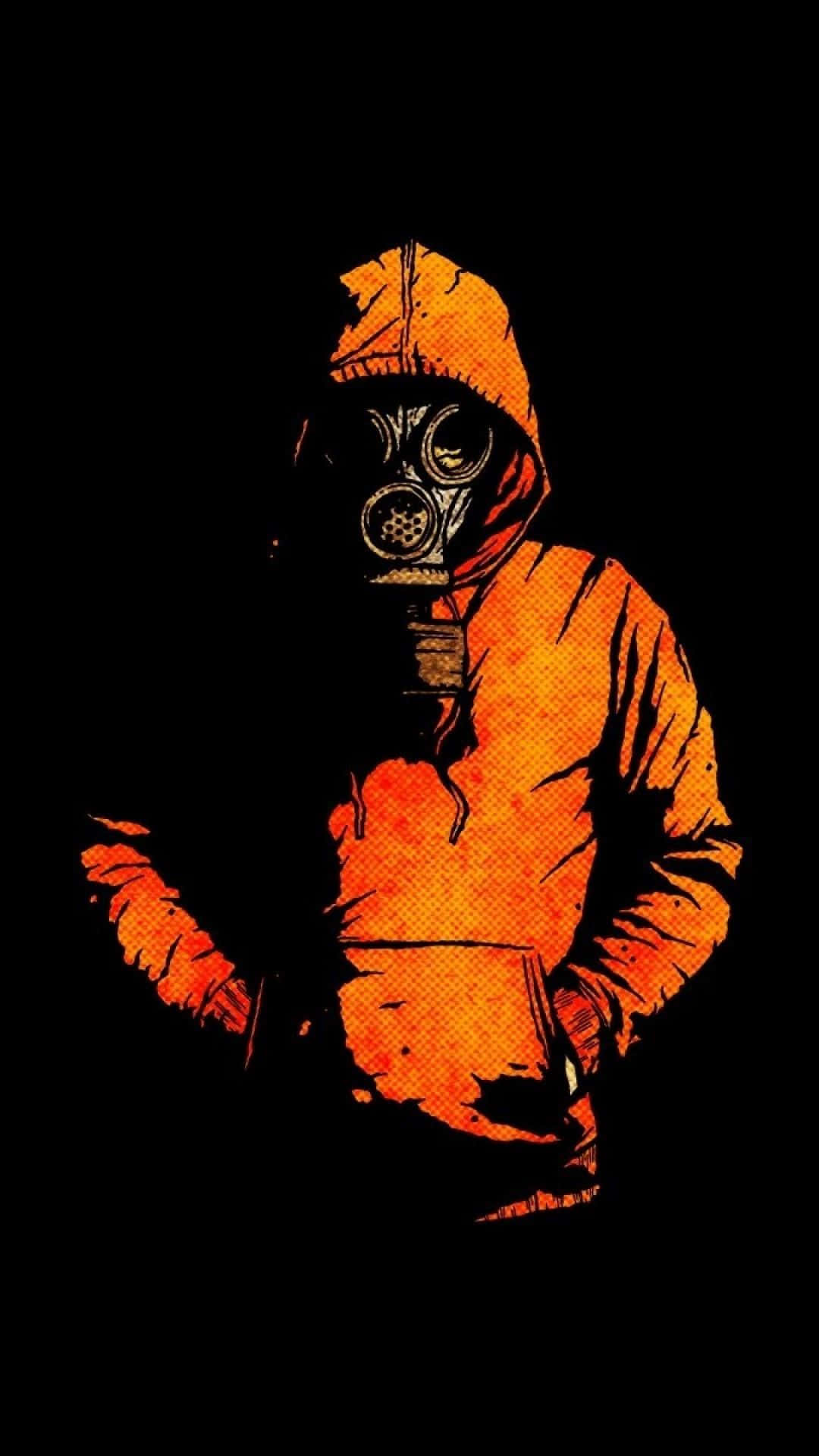 Orange iPhone 桌布 壁紙 — 一個孤獨的人物穿著發光的橙色連帽服裝和防毒面具，站在帶有粗糙漫畫紋理的黑色背景前。