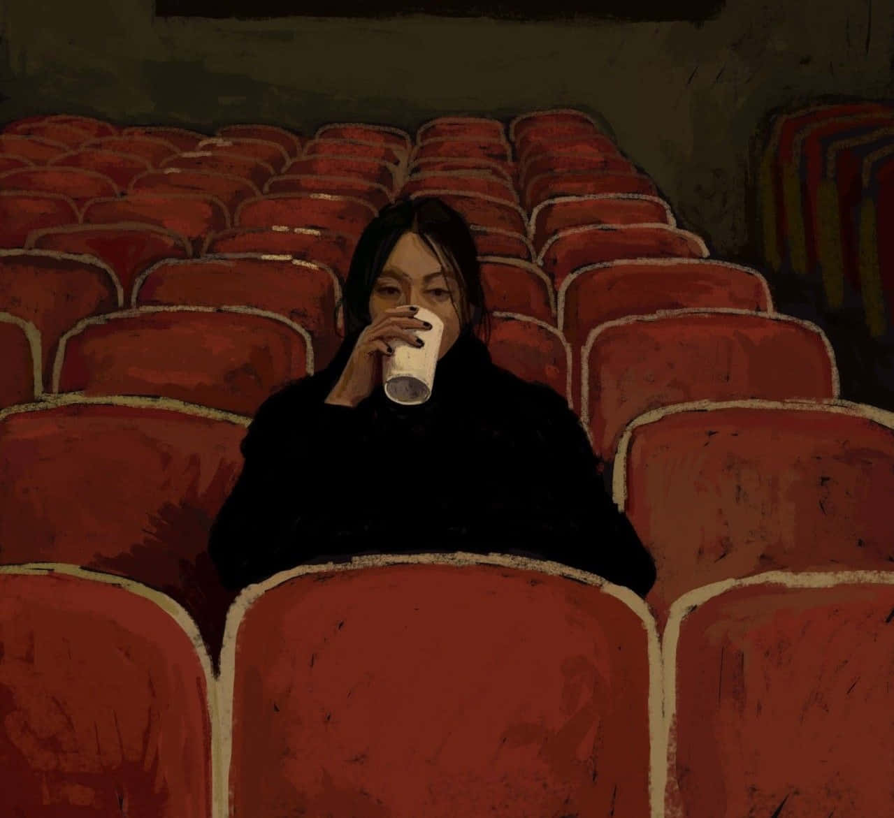 emotion 桌布 壁紙 — 一個孤獨的人穿著黑色外套，坐在一個空蕩蕩的劇院裏，旁邊是一排排紅色座位，正在啜飲杯子。