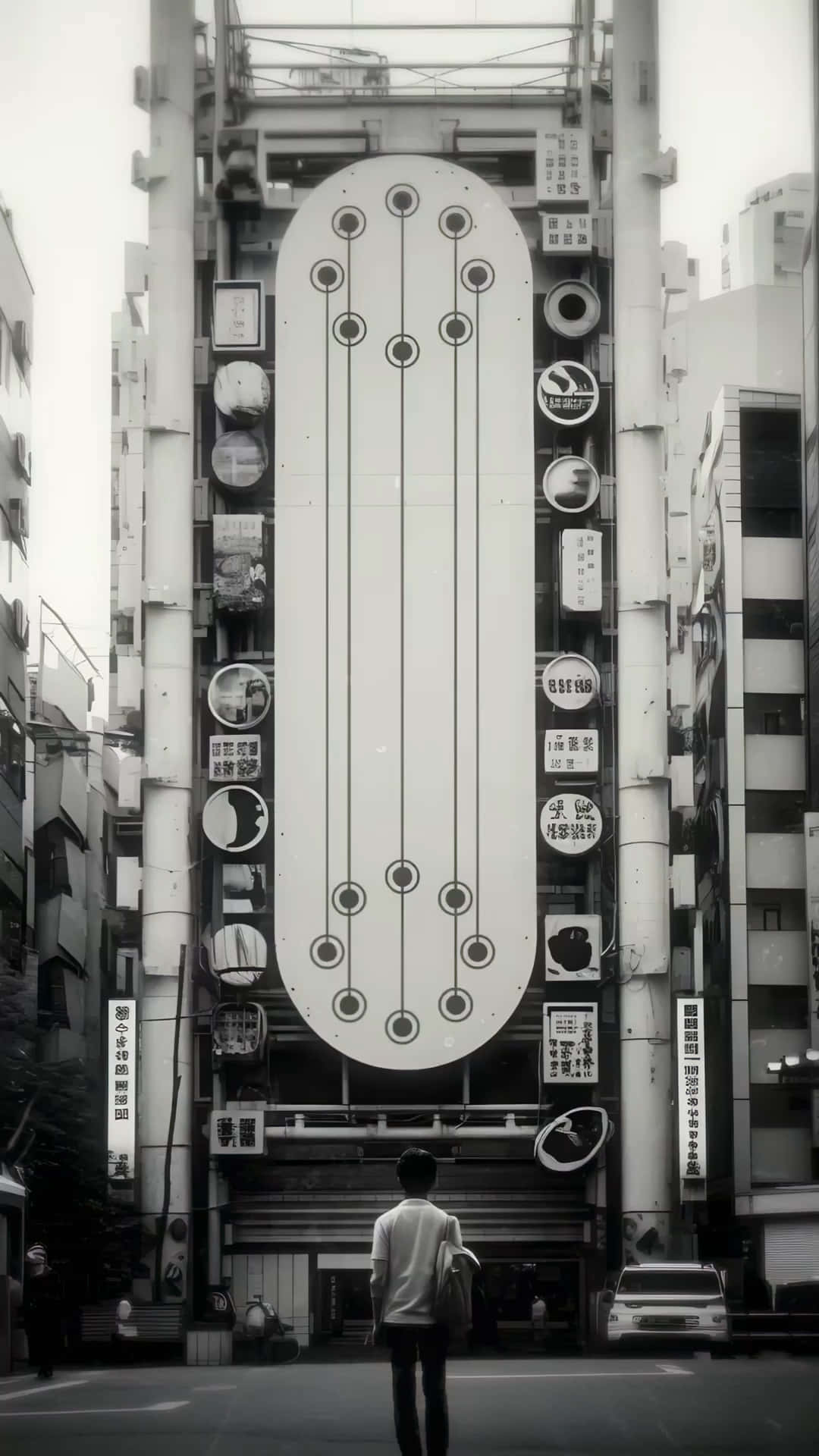 Urban Signal Background 壁紙 — 一個孤獨的人站在狹窄都市小巷中高聳的垂直廣告牌前，周圍充滿日本標誌和工業建築。