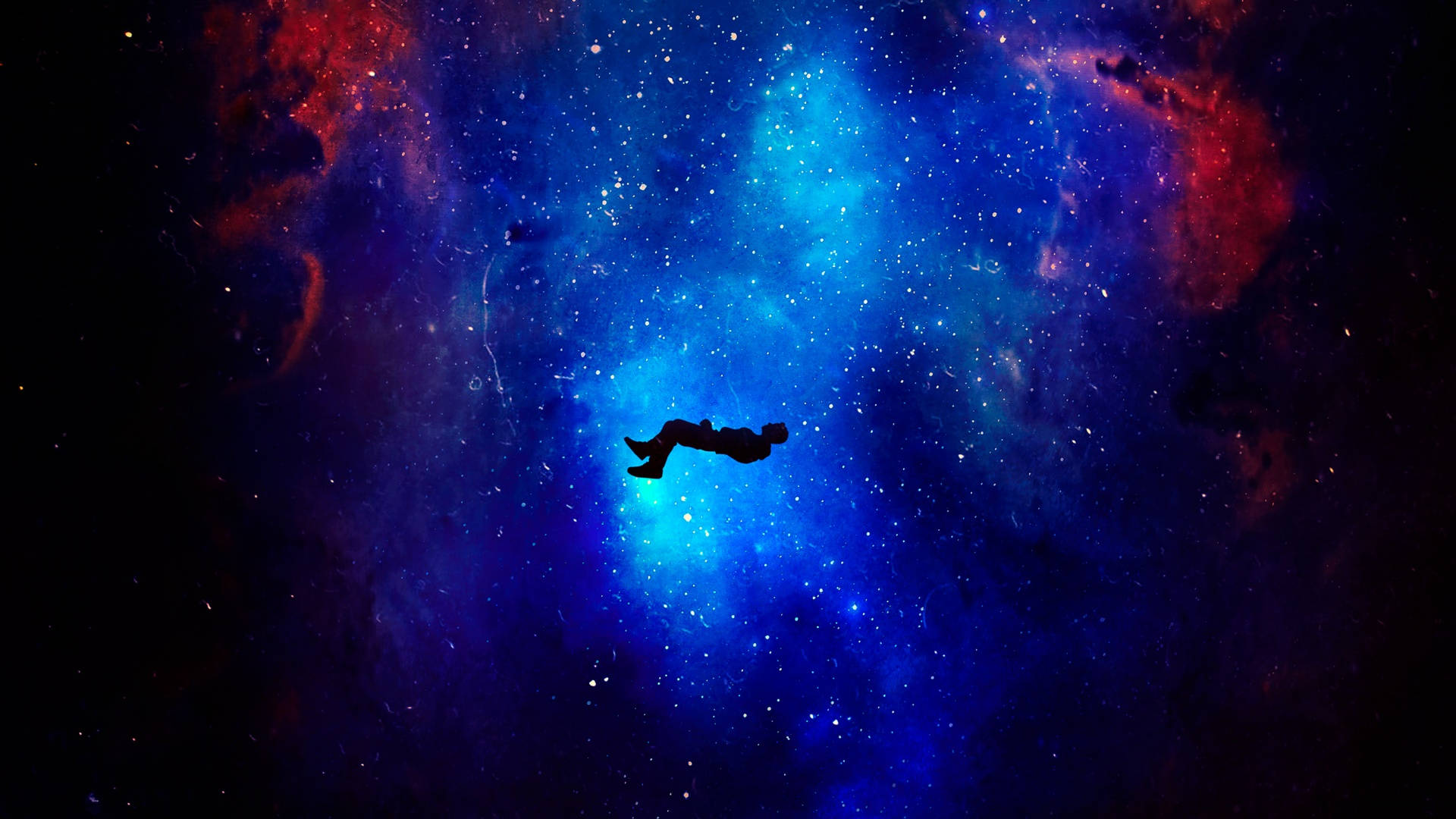 Mojave 桌布 壁紙 — 一個孤獨的人類剪影在充滿電光藍和火紅星星的鮮豔宇宙星雲中平靜漂浮。