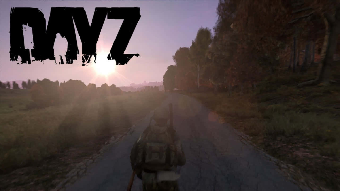 1440p Dayz 桌布 壁紙 — 一個孤獨的倖存者在日落時分沿著一條裂開的道路行走，在帶有 'DAYZ' 標誌的後末日遊戲世界中。
