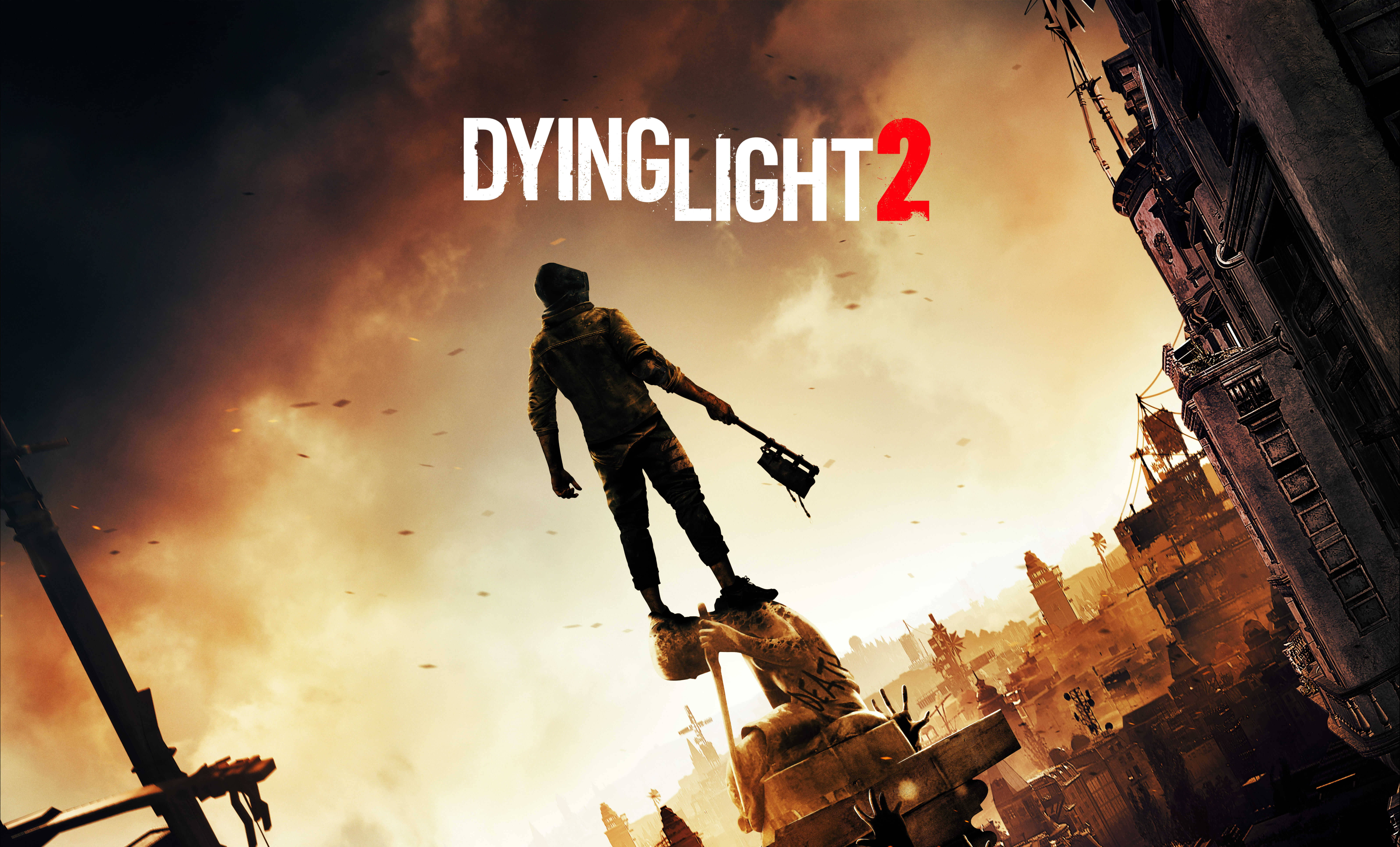 Dying Light 桌布 壁紙 — 一個孤獨的倖存者在日落時分跳過一個正在崩塌的城市景觀，手持武器，背景是火紅的橙色雲層。