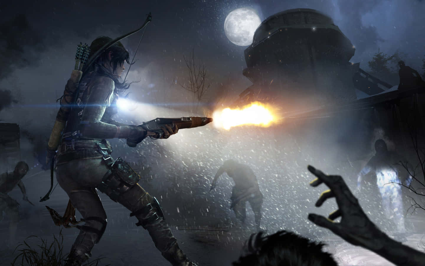 Rise Of The Tomb Raider 桌布 壁紙 — 一個孤獨的倖存者在滿月下的雪夜場景中，用手槍向巨型殭屍開火。