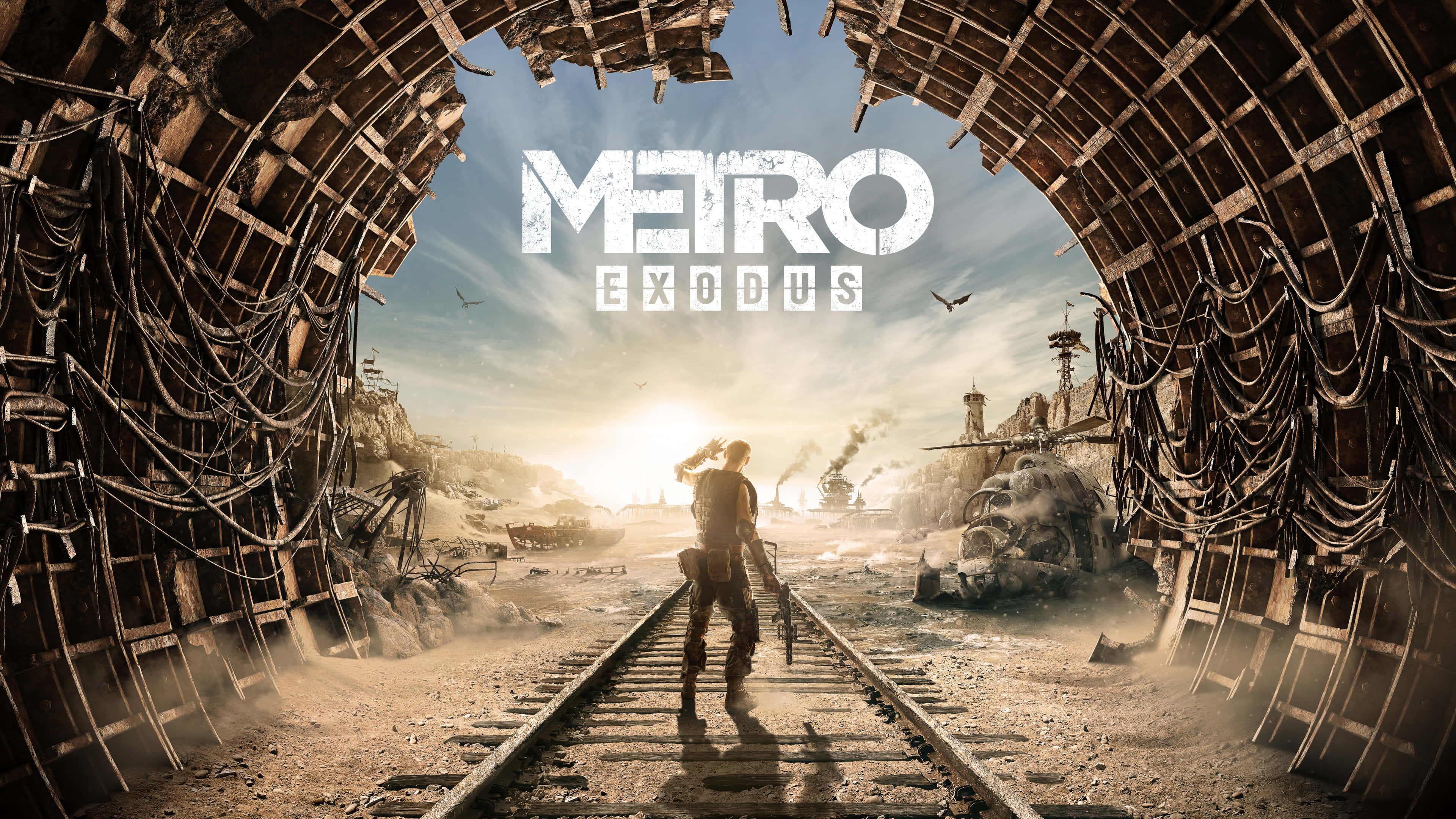 Metro 桌布 壁紙 — 一個孤獨的倖存者在生鏽的火車軌道上行走，從一條破爛的隧道中走出，進入一個陽光普照的末日後荒原。