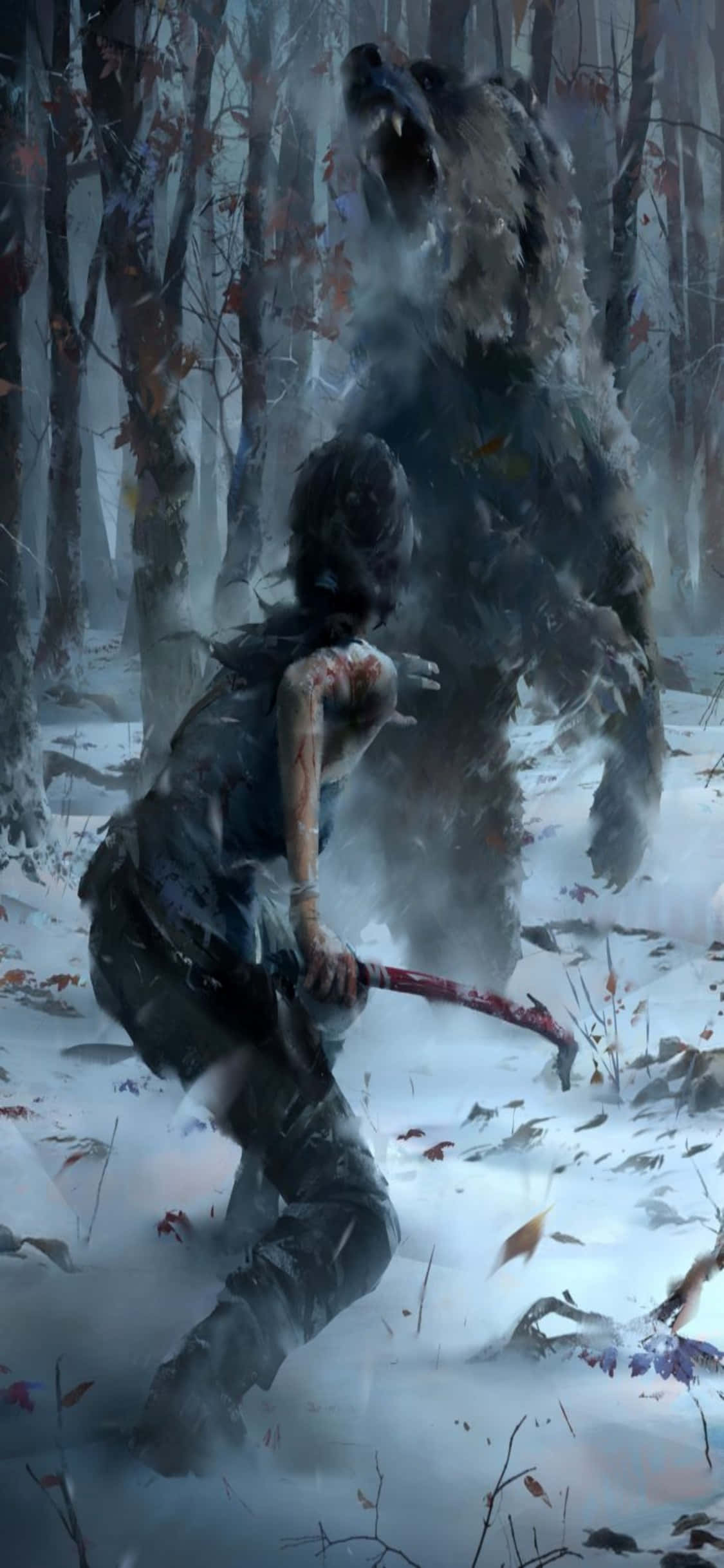 iPhone X Rise Of The Tomb Raider 桌布 壁紙 — 一個孤獨的倖存者在雪地森林中用血跡斑斑的斧頭與一隻巨大的咆哮熊搏鬥。