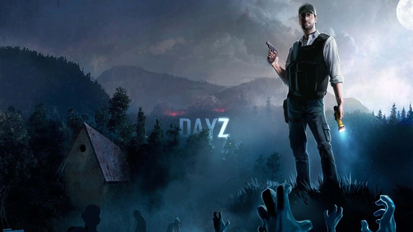 zombies 桌布 壁紙 — 一個孤獨的倖存者夜晚站在山頂上，手持手槍和手電筒，而殭屍的手從下方伸出來，滿月之下。