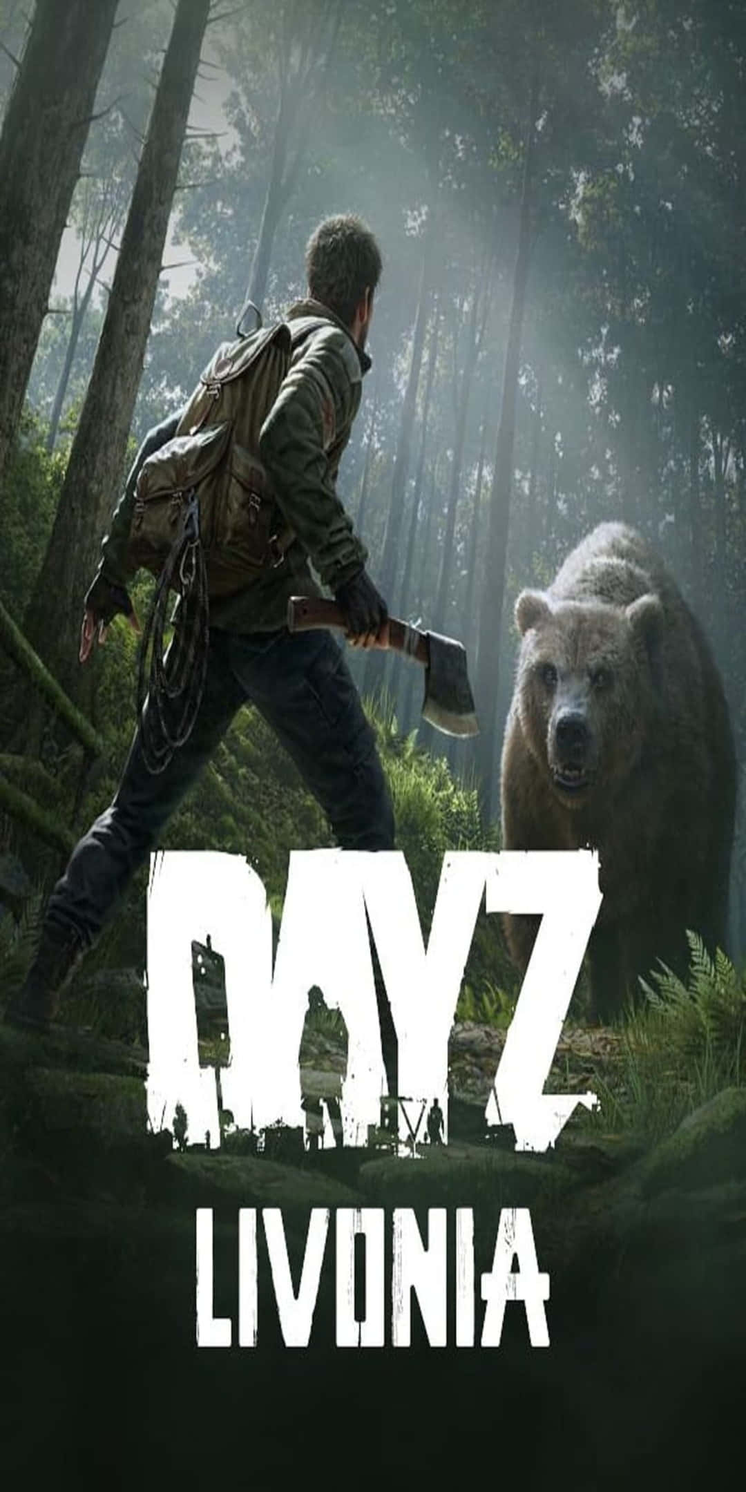 Pixel 3 Dayz 桌布 壁紙 — 一個孤獨的倖存者手持斧頭，在迷霧濃密的森林中面對一隻巨大的熊。