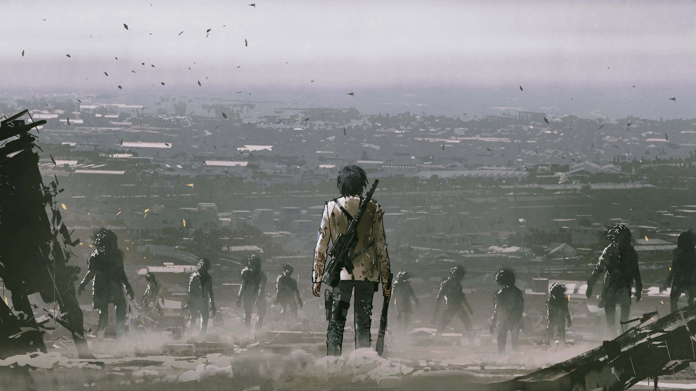 Apocalypse 桌布 壁紙 — 一個孤獨的倖存者拿著步槍站在瓦礫上，俯瞰荒涼的城市景觀，而殭屍般的身影從塵埃中出現。