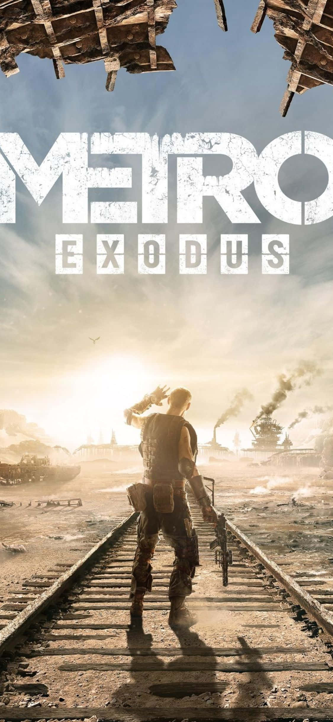 iPhone X Metro Exodus 桌布 壁紙 — 一個孤獨的倖存者沿著破碎的火車軌道走向陽光普照、被戰爭蹂躪的地平線，天空支離破碎。