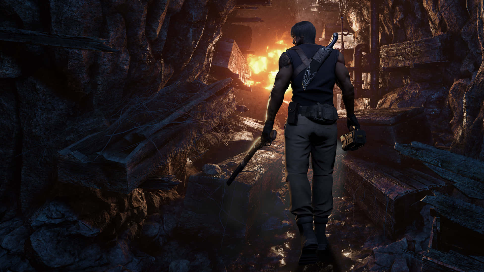 一個角色穿過黑暗的隧道，走向熾熱的爆炸。 — Ps4 壁紙