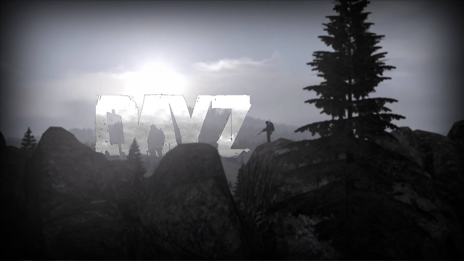 Dayz Desktop 桌布 壁紙 — 一個孤獨的倖存者站在荒涼景觀中的岩石山頂上，標題「DAYZ」在朦朧的天空中發出刺眼的白色光芒。